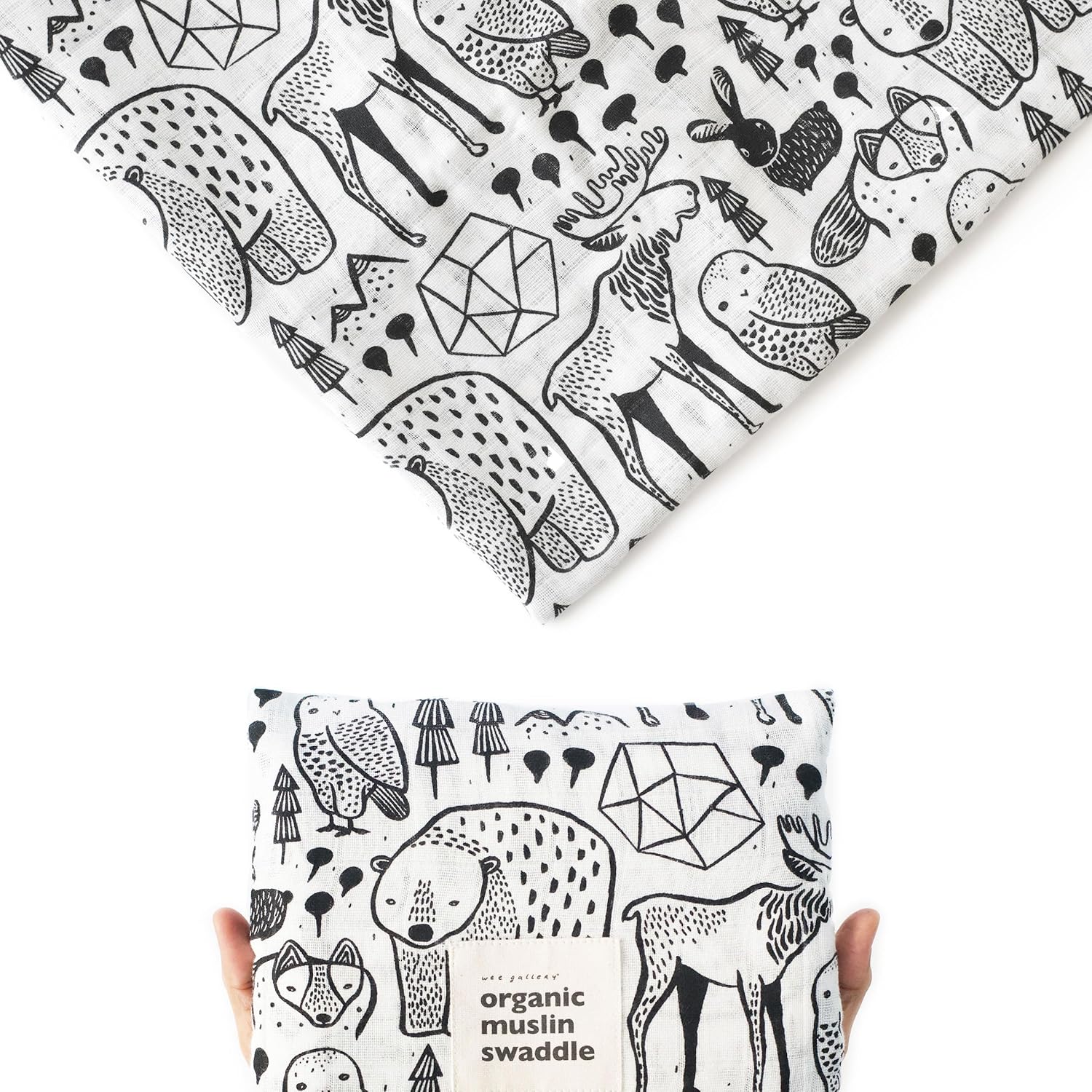 Wee Gallery, Organic Muslin Swaddle - Nordic - Woodland Animals Design, Black and White for Baby Visual Development, Quality Cotton Swaddling or Receiving Blanket