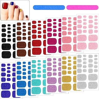 12 Sheets Glitter Toe Nail Wraps Self-Adhesive Toe Nail Polish Stickers Solid Color Nail Art Decals Strips Glittery Manicure Kit with 12 Styles and 2 Pieces Nail Files for Women Girls