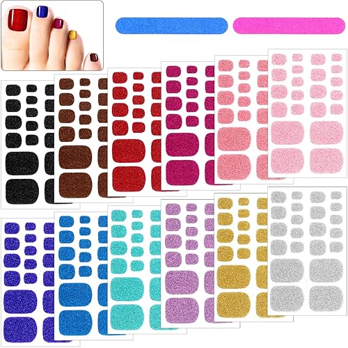 12 Sheets Glitter Toe Nail Wraps Self-Adhesive Toe Nail Polish