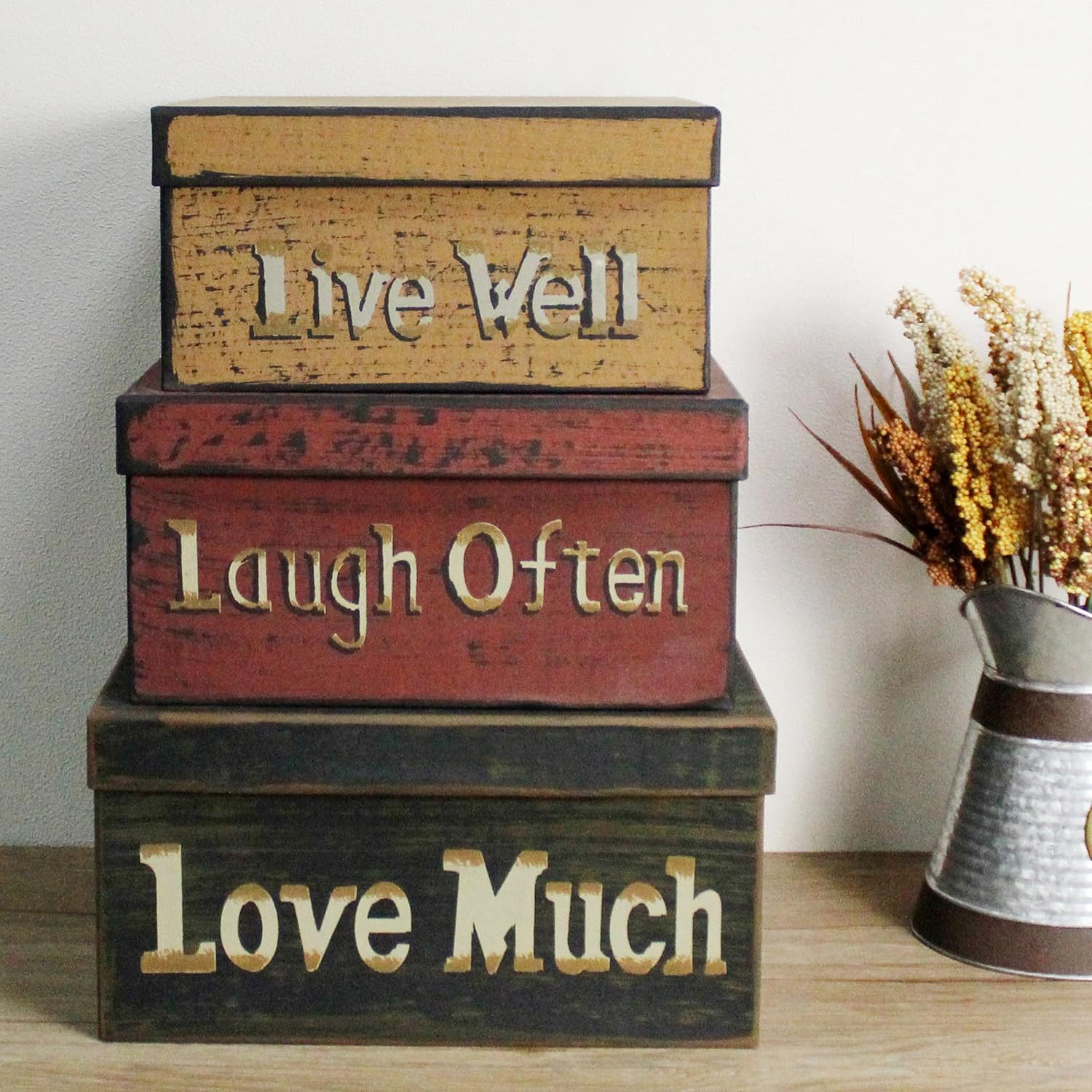 CVHOMEDECO. Primitive Vintage Square “Live Well, Laugh Often, Love Much” Cardboard Nesting Boxes, Large 11 X 11 X 5-1/2 Inch. Set of 3. image 3