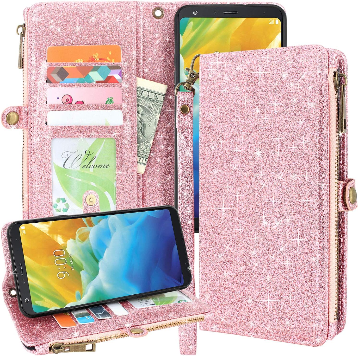 Lacass Premium Leather Flip Zipper Wallet Case Cover Stand Feature with Card Holder and Wrist Strap for LG Stylo 4 / Stylo 4 Plus/LG Q Stylus (2018)(Bling Rose Gold)