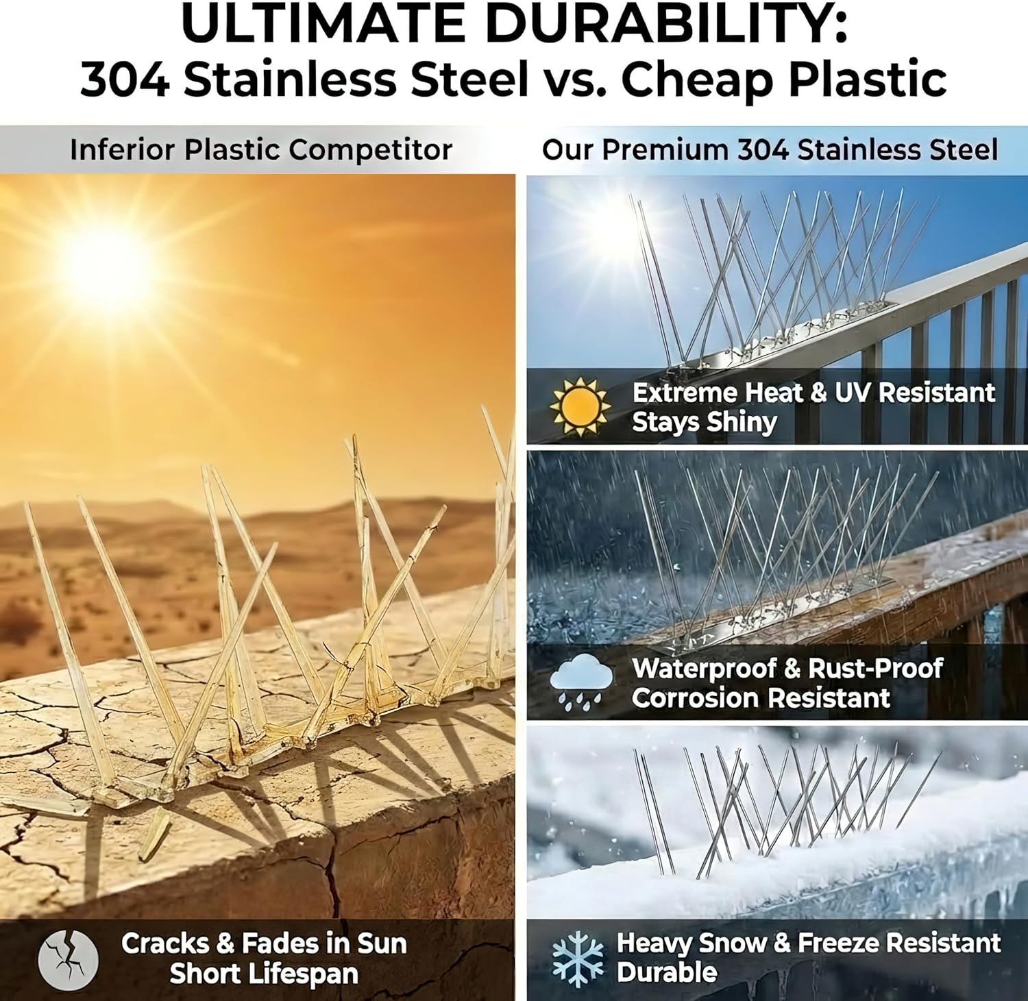 Stainless Steel Bird Spikes for Pigeons, Anti Bird Deterrent Spikes for Woodpeckers, Squirrels, Raccoons，Weatherproof Fence Spikes for Roof, Railing,Patio, 16.4 Feet