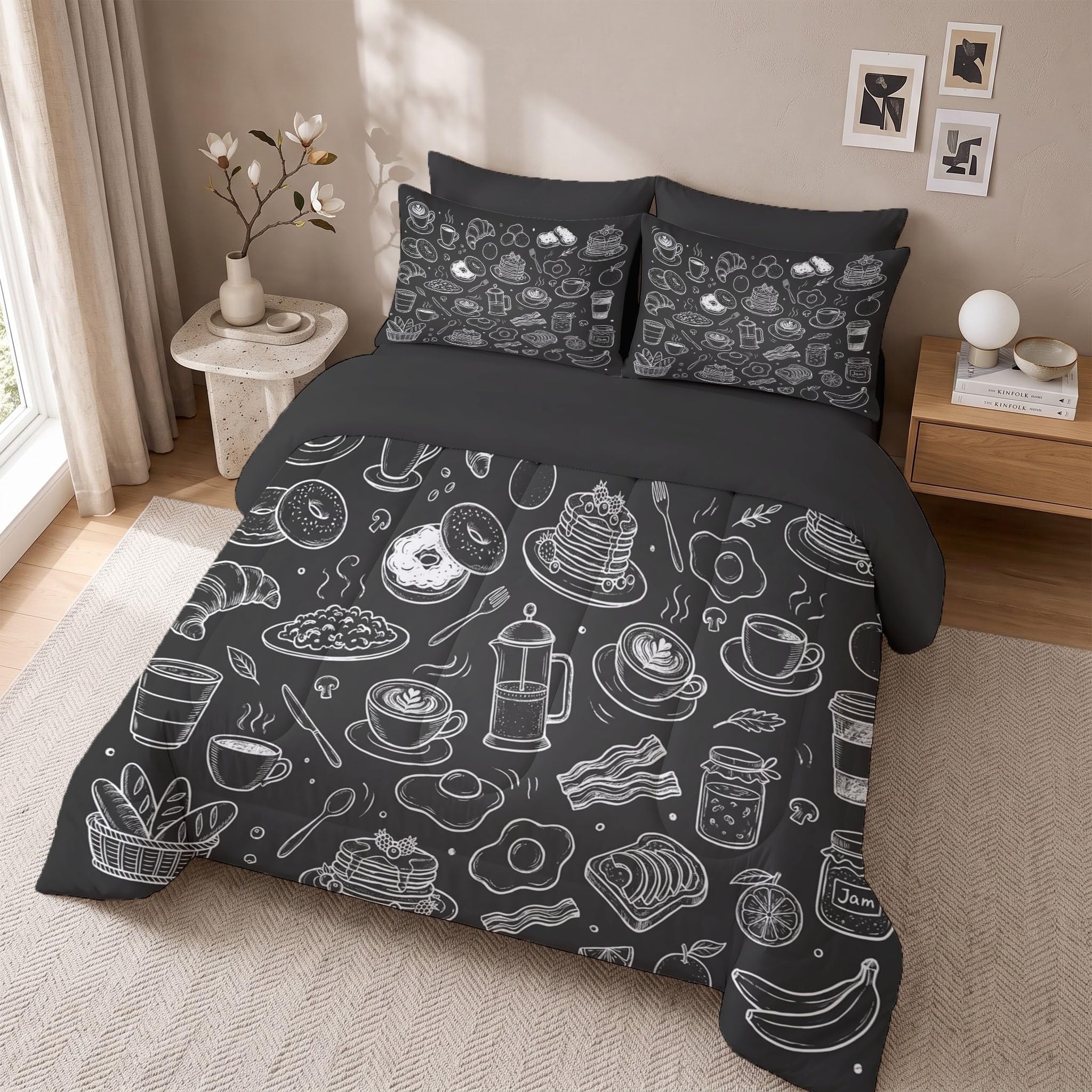 Couette 4 Saisons Café Rétro, en Microfibre pour lit 1 Personne, Gris Anthracite | Couette Légère Pain Au Café, Chaude, Couverture Construction U-Stitching, Lavable en Machine