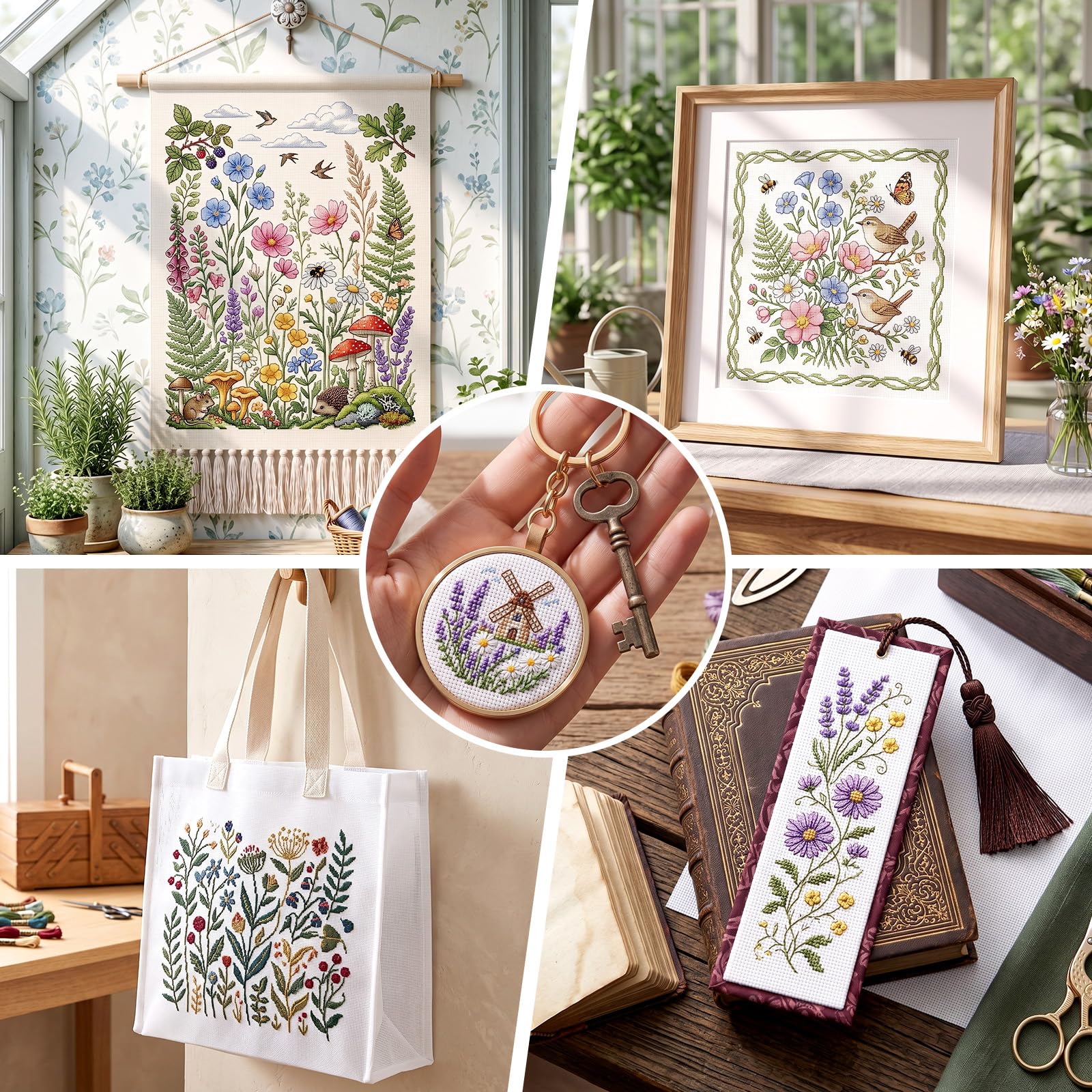 Zeyune Confezione da 4 kit di tela da ricamo con 13 maglie da 91 x 106 cm, grande tela da ricamo in cotone con 36 fili e 5 aghi, kit per principianti per lavori fai da te, decorazioni per la casa