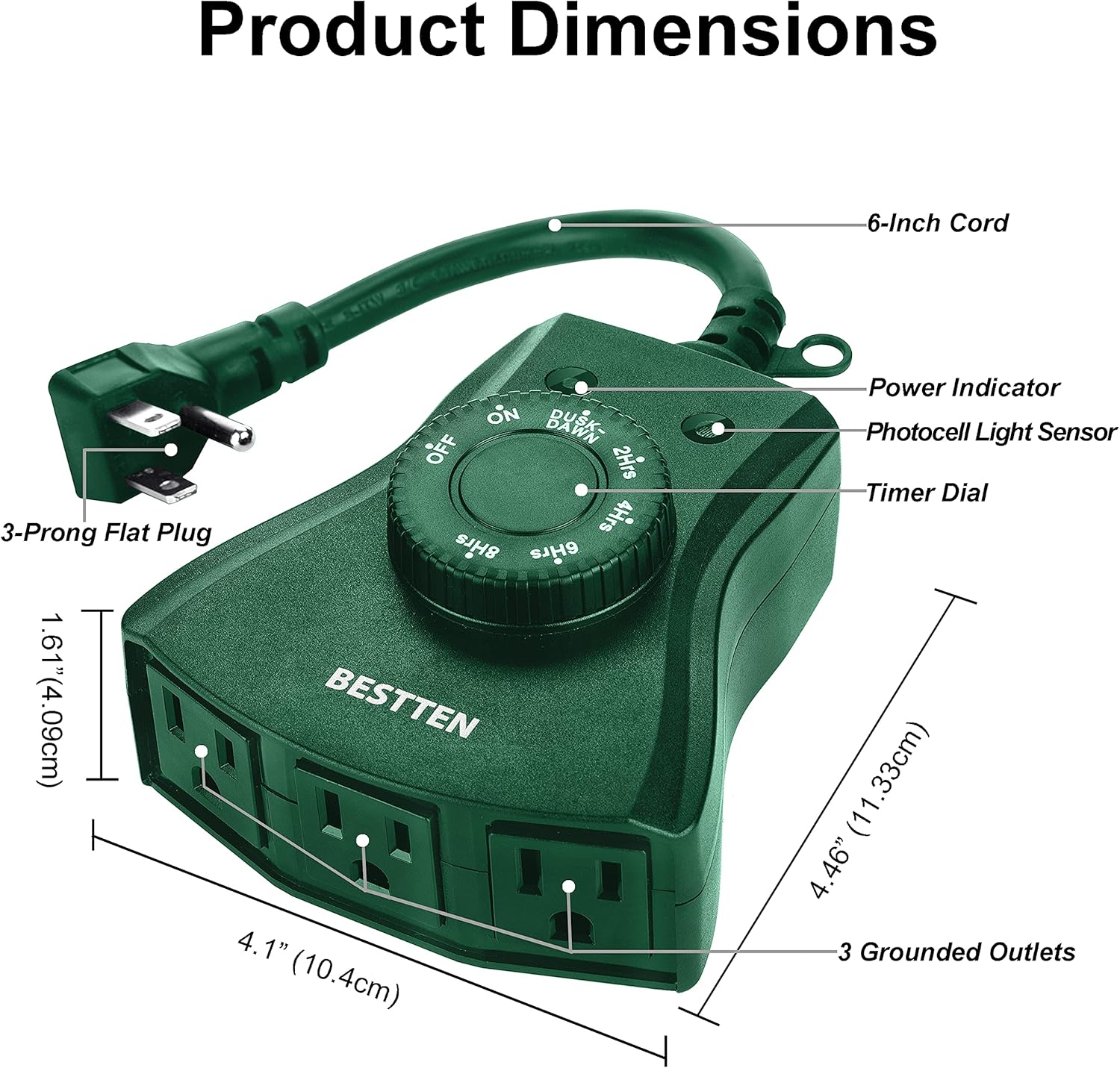 [2 Pack] BESTTEN Outdoor Weatherproof Timer Outlet with Photocell Light Sensor, 3 Grounded Outlets, Setting for ON/Off/Dusk-Dawn/ON at Dusk & 2/4/6/8 Hours Countdown, ETL Certified, Green - - 