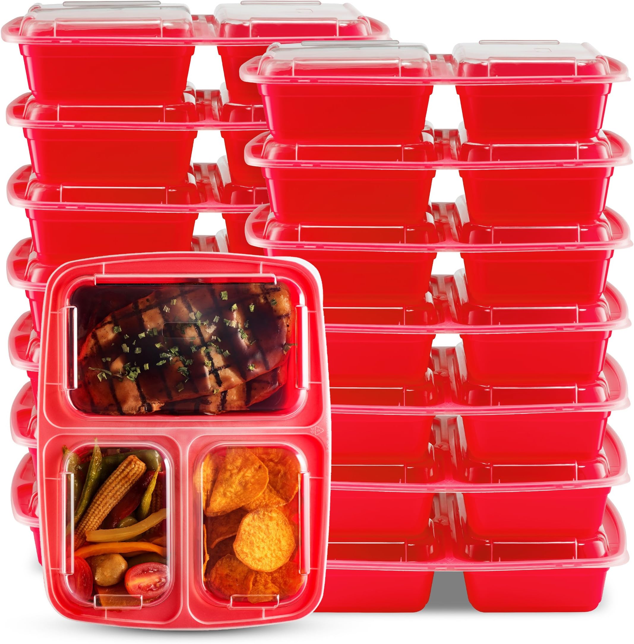 3 Compartment Portion Control Lunch Box and Food Storage Container Set -Multiple Colors Available (3Compartment - 14 Pack, Red)
