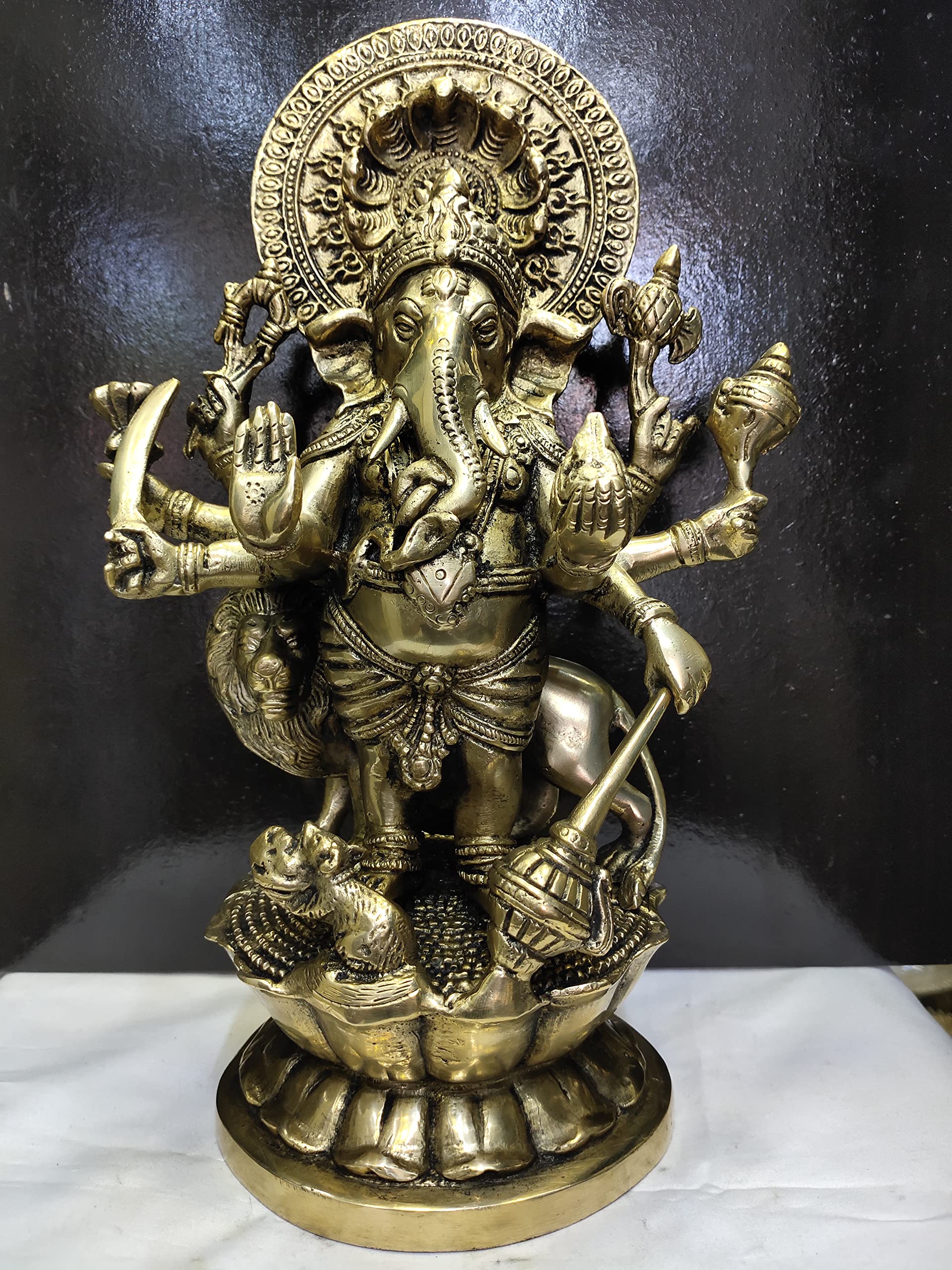 Brass Lord Ganesha Ganesh Ganpati with 8 Arms Lion Statue Idol Antique Theme 12 Inches 8 lbs. /3.6 Kilogram for Positivity Abundance Harmony Worship Festival Home Décor Gift Handmade Sculpture Murti