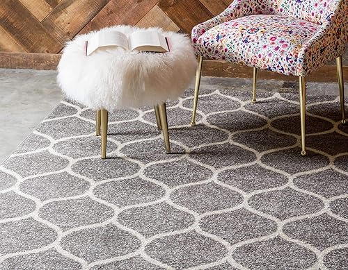 Miniatura 3 de Unique Loom - Alfombra redondeada de la colección Trellis Frieze (8 x 11pies, color gris claromarfil)