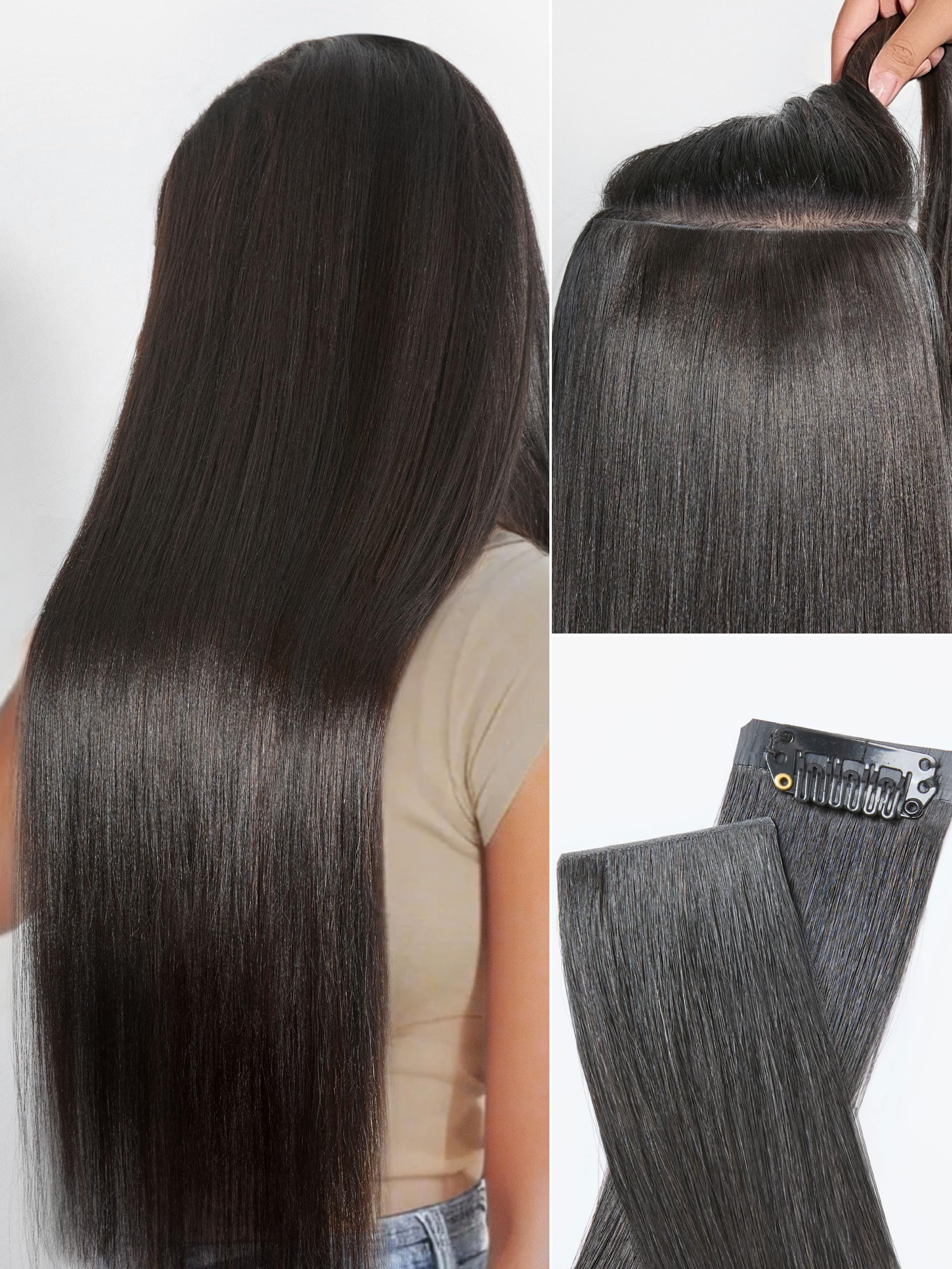 LUVME Invisible Clip in Hair Extensions, Yaki Straight Real Human Hair 16 Inch 2 Pack 220g 12pcs Clip ins Hair Extensions Natural Black for Women