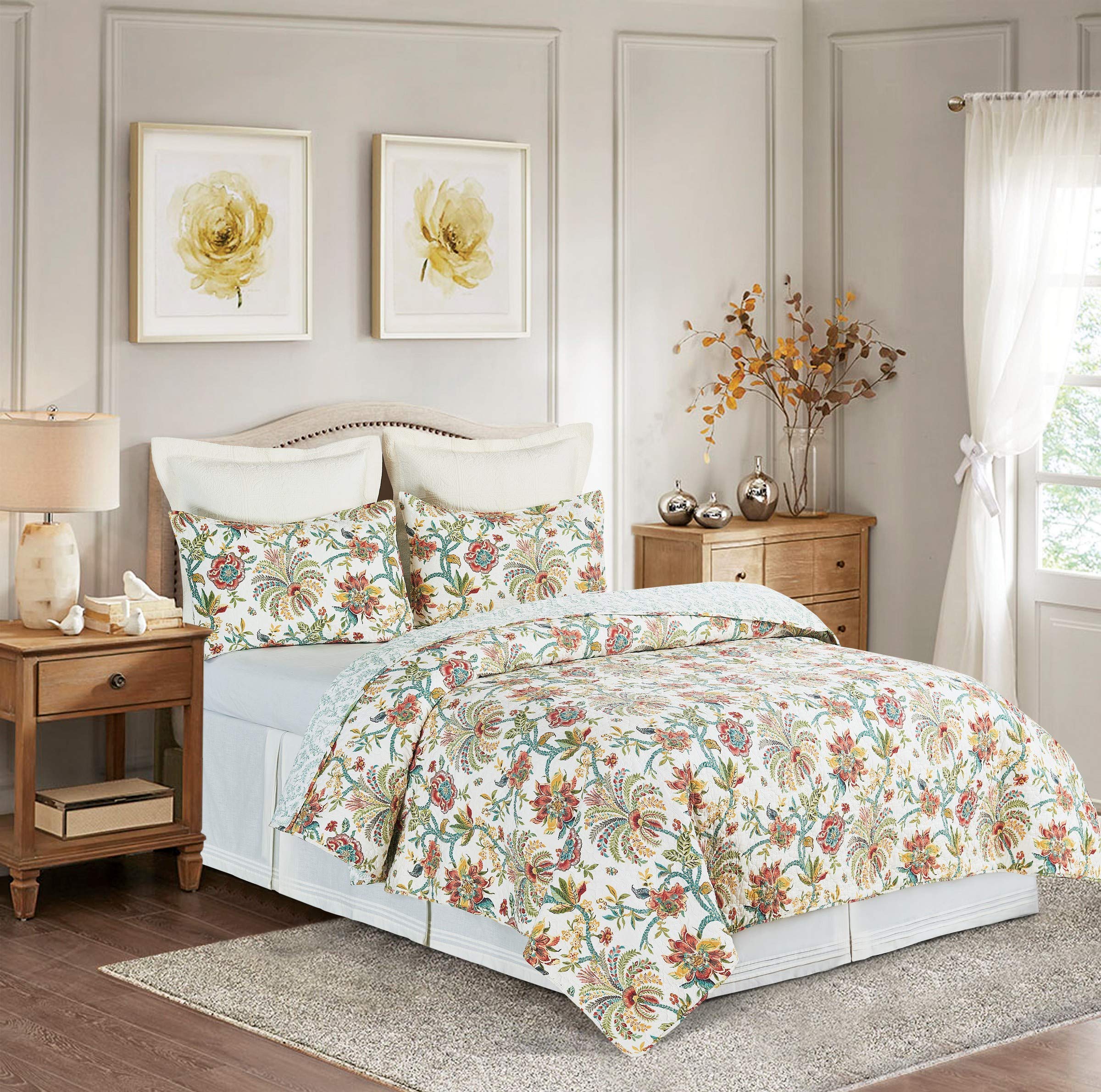 C&F HomeColonial Williamsburg Braganza Red Blue Yellow Jacobean Twin Cotton Quilt Set Reversible Machine Washable Bedding Floral Flower Twin 2 Piece Set Blue