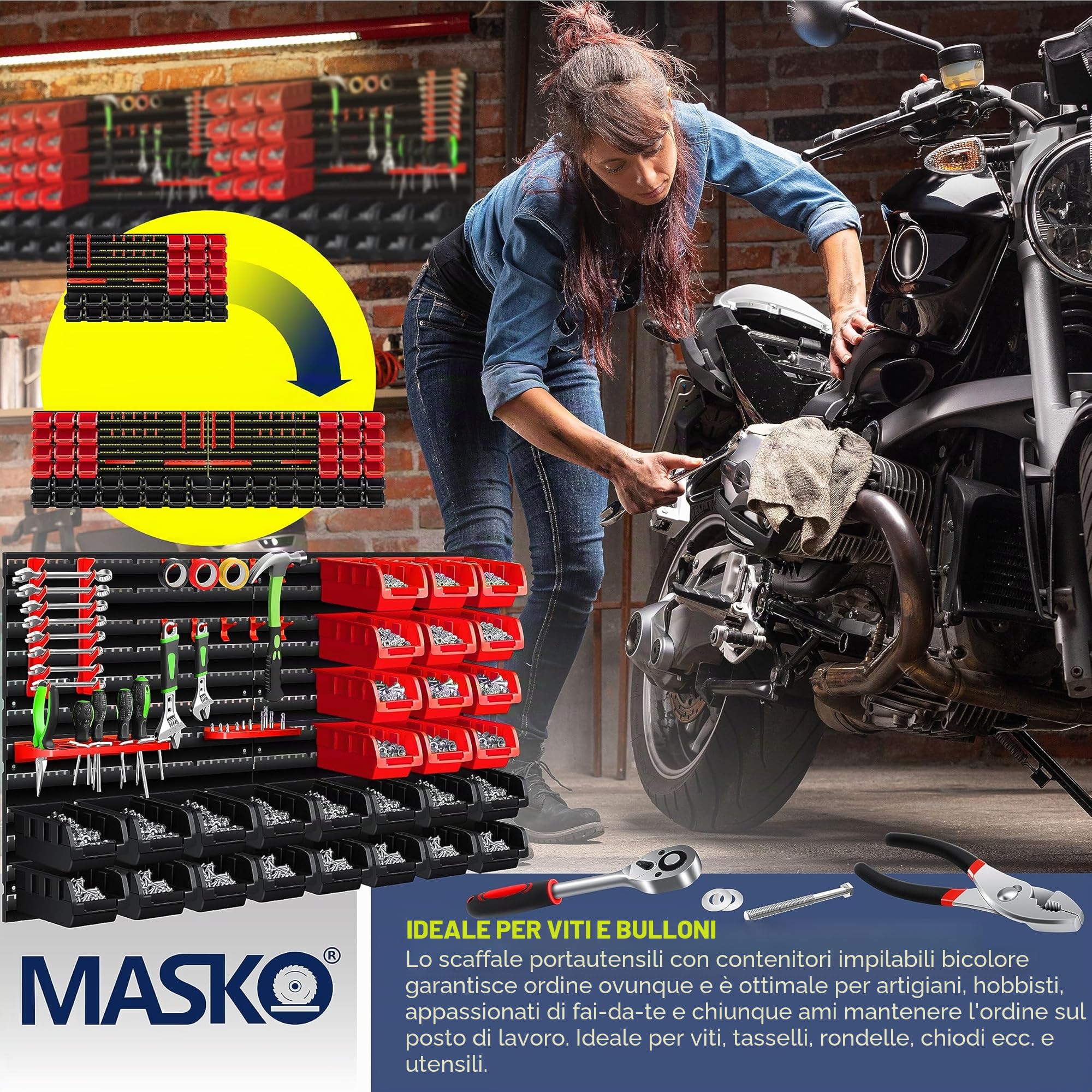 Masko® Scaffale da parete + Scatole impilabili + Portautensili, Espandibile, Scaffale da officina, Scatole portaoggetti visibili, 45 Parti - Nero/Rosso