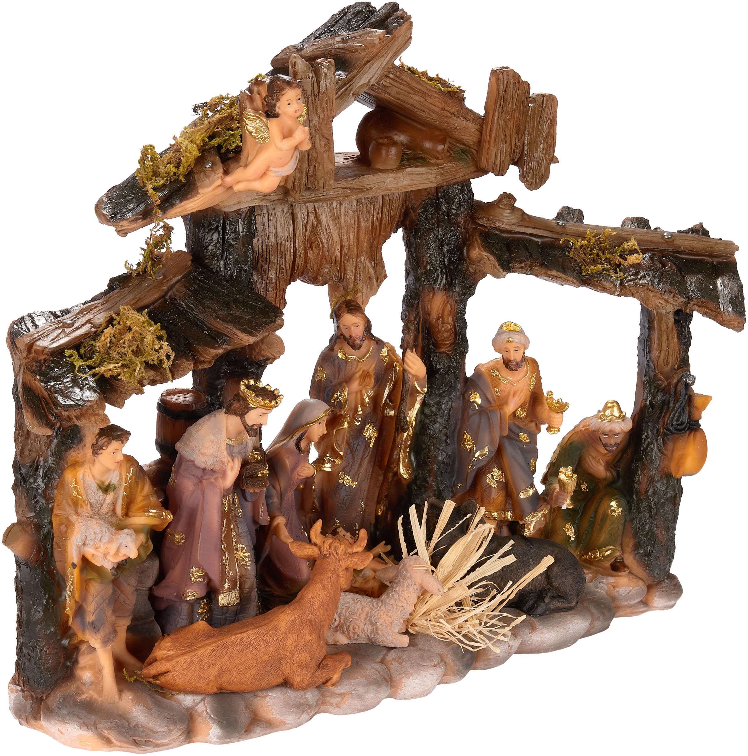 BRUBAKER Crèche de Noël - Crèche de table de 34 cm avec figurines de Noël peints à la main Jésus, Marie, Joseph et Rois dans la crèche avec des animaux - Figurine de crèche décoration de Noël en