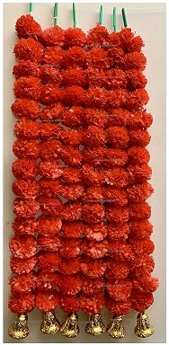 SPHINX Artificial Marigold Fluffy Flowers and Golden/Silver Hanging Bells Short Garlands/Torans/Wall hangings for Decoration Approx 2.5 ft- 15 Flowers per String- (Red, 6)