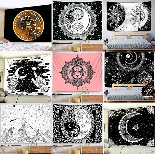 Miniatura 5 de Tapiz Tarot Card Tapiz - Tapiz de luz negra, diseño de luna, mandala indio, blanco y negro estrellado europeo, manta de yoga para dormitorio,