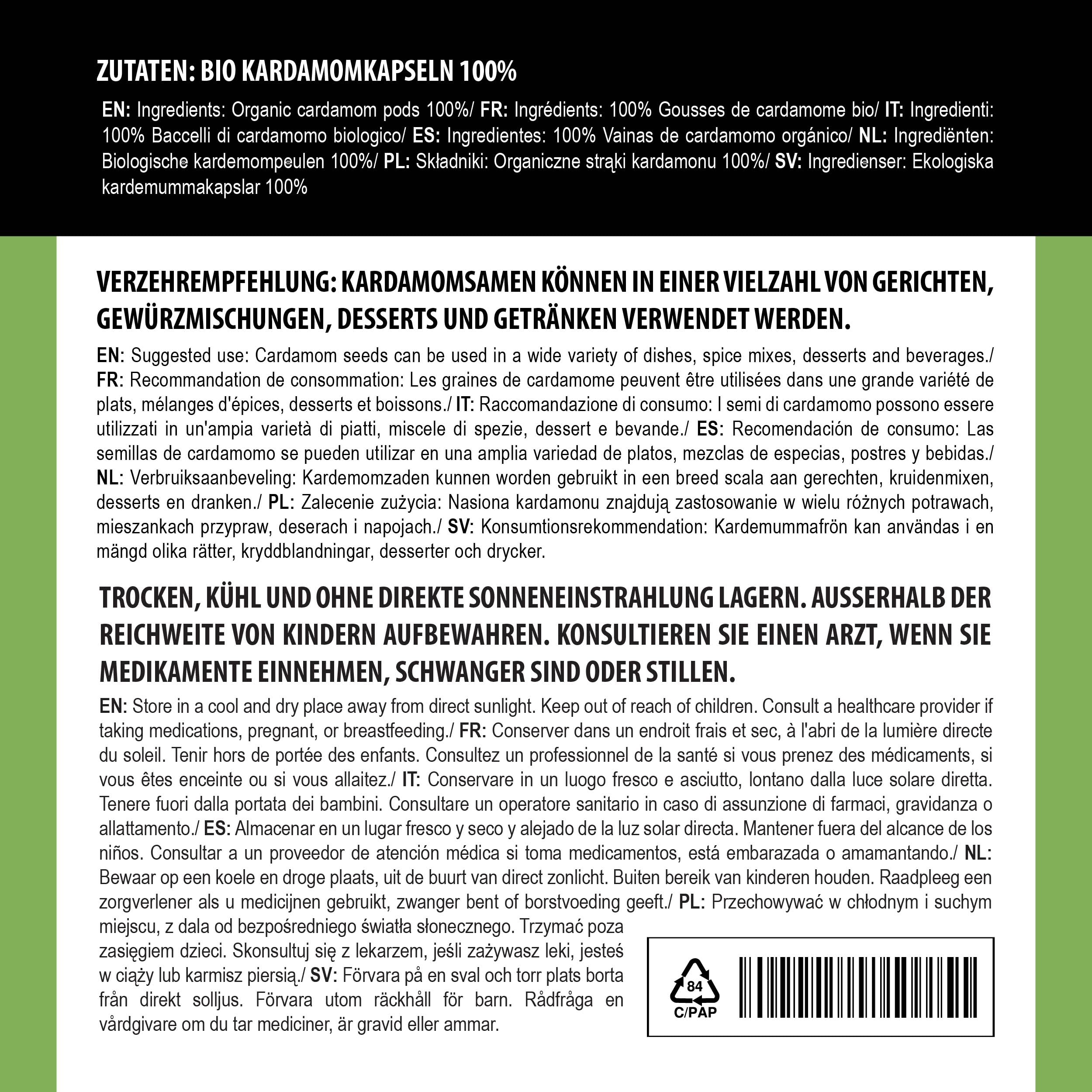 Alpi Nature Cardamome BIO Gousses Entières 200g, Gousses de Cardamome Verte Entières avec Graines pour la Cuisine