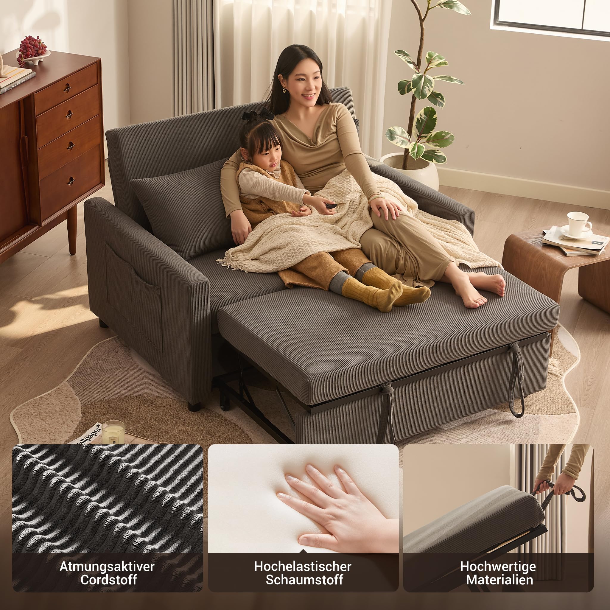 Schlafsofa 2-Sitzer, 3-in-1 ausziehbares Sofa Bett, Cordstoff Schlafcouch mit Verstellbarer Rückenlehne und Seitentaschen, für Wohnzimmer und Gästezimmer,Grau