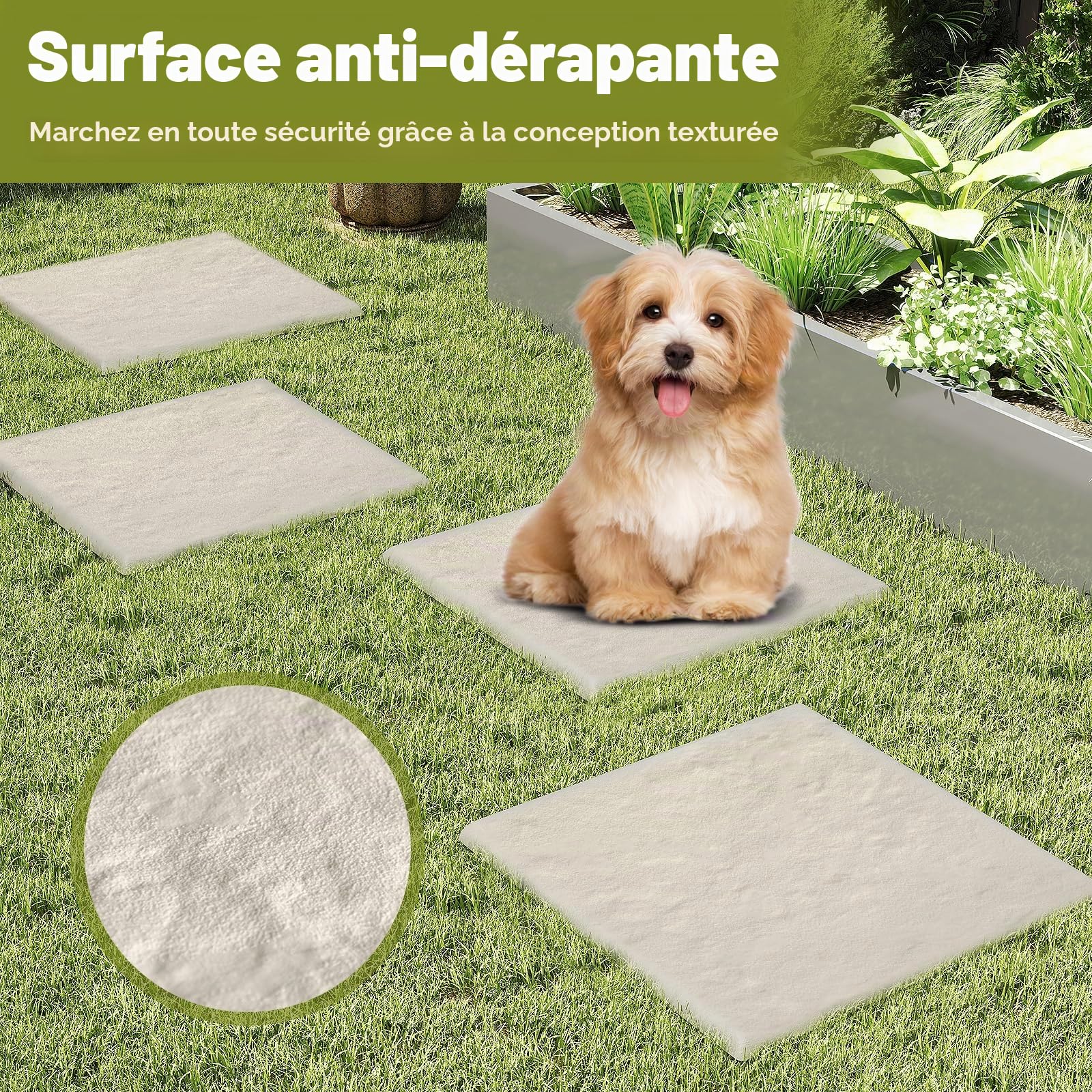 LIFEZEAL Dalles de Jardin 39,5x39,5 cm, Lot de 8 Dalles avec Piquets de Fixation au Sol, Pierres Décoratives pour Allée de Jardin, Chemin Extérieur, Revêtement de Sol (Beige)