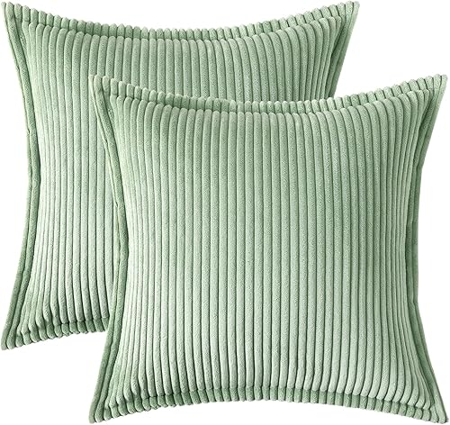 Miniatura 9 de Mecatny Juego de 2 fundas de almohada de pana de 18 x 18 pulgadas, fundas de almohada a rayas con borde ancho para sala de estar y cama, fundas