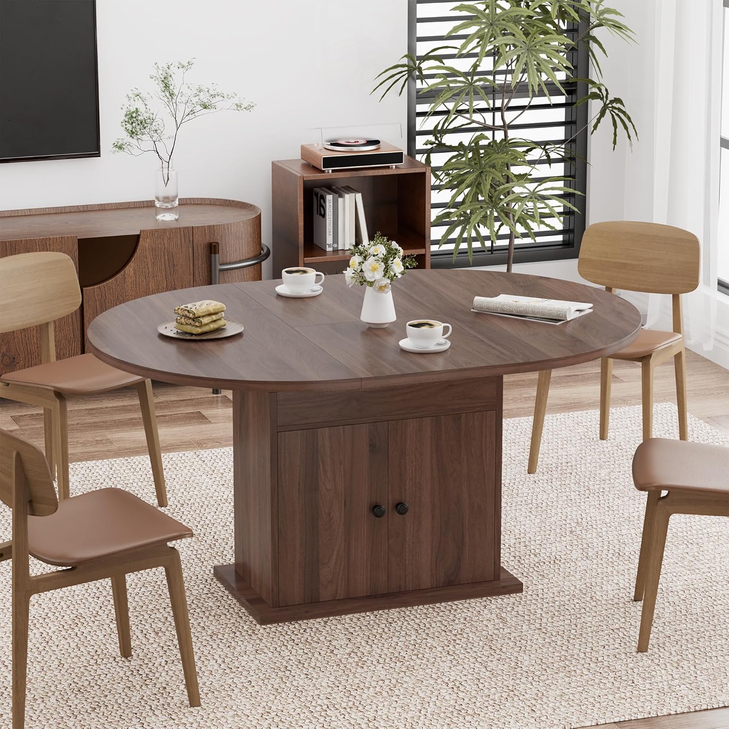 43.3''-59'' Extendable Round Dining Table for 4-8, Modern Expandable Dining Table with 2 Tier Storage, Space Saving Circle Kitchen Table for Kitchen Living Room (Walnut)