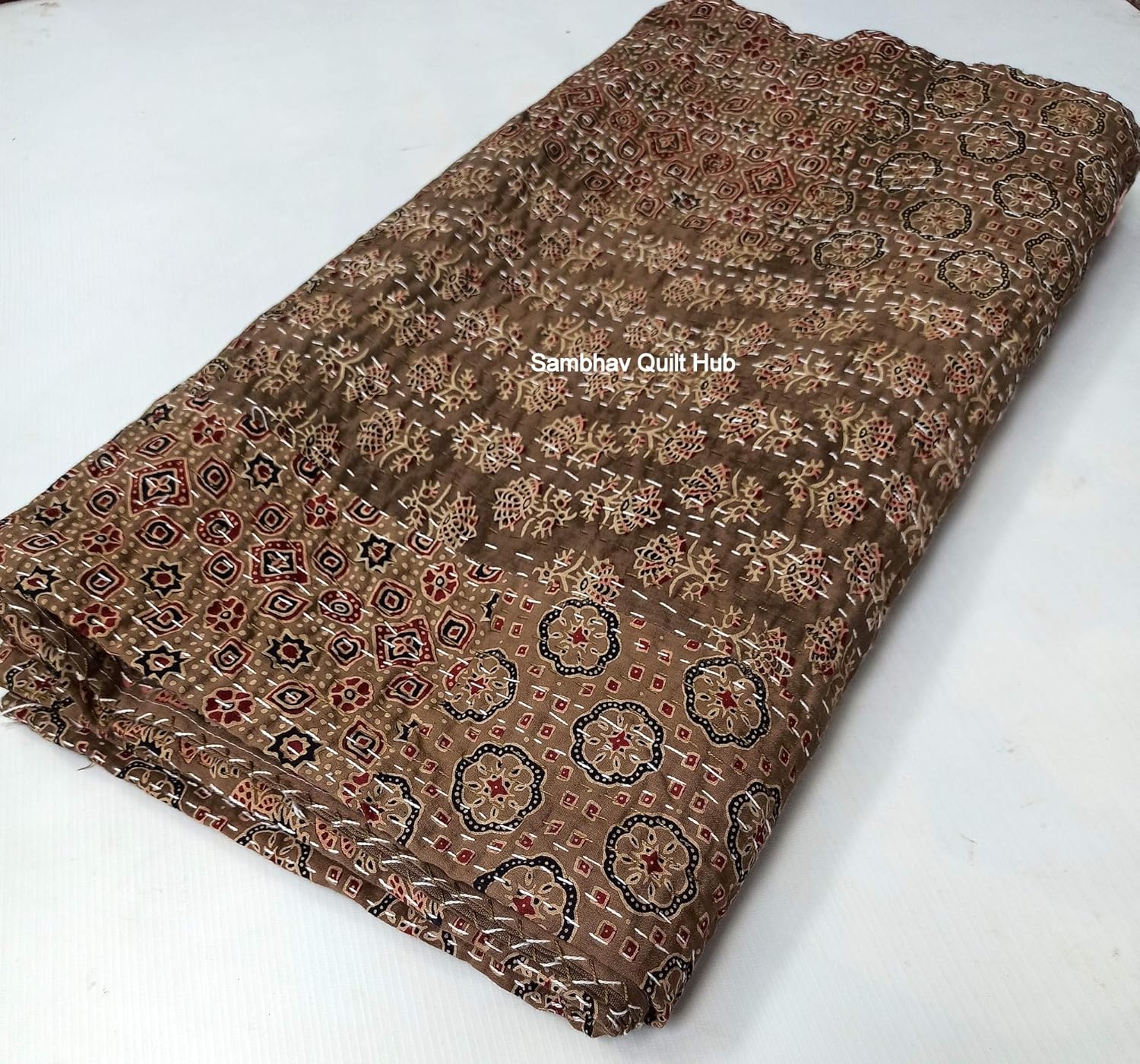 Brown Ajrakh Hippie Queen Kantha Quilt Handmade Bohemain Bedspread King Size Vegetable Dye Kantha Blanket Bedcover Boho Quilting Indigo Print Ajrakh Cotton Quilt 90X108 inch