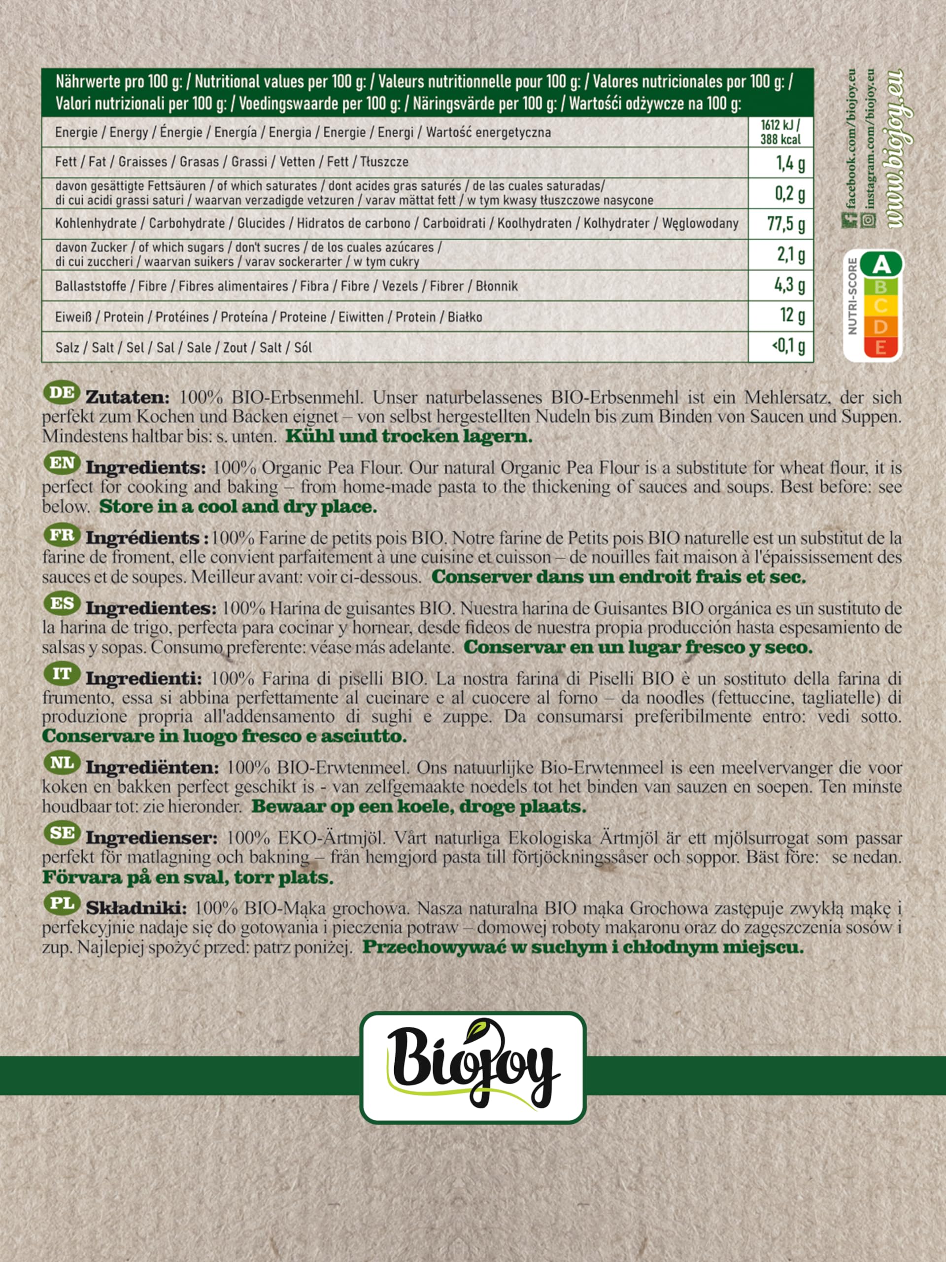 Biojoy Harina de Guisantes BÍO (1 kg), molida y sin aditivos