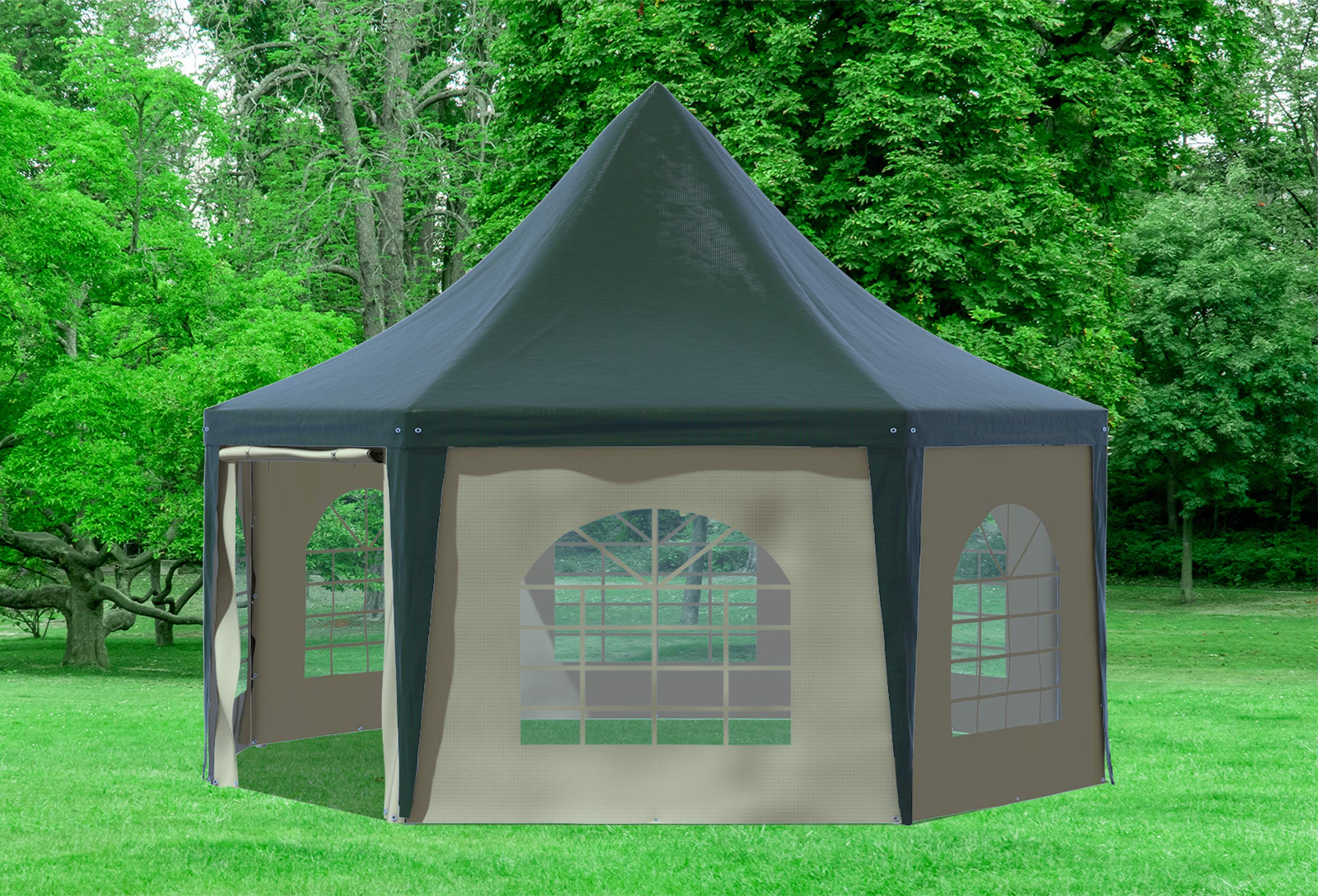 pagodenzelt 5x6 8 Stabilezelte Gartenpavillon 5x6,8m mit Seitenteilen Arabica 8-eck PVC GRÜN BEIGE Gläser:Standard Campingplatz strand de l'Espiguette Brand:nunatak