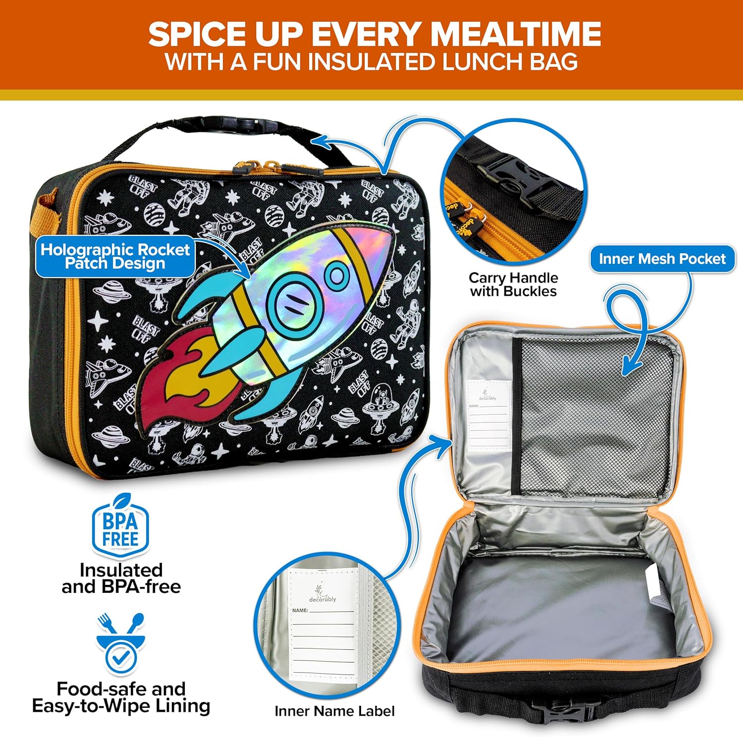 Decorably 2Pc Set Space Backpack for Boys with Lunch Bag with Holographic Rocket Patch, Multi-Compartment Rocket Ship Space Book Bag and Lunchbox for School - Image 4