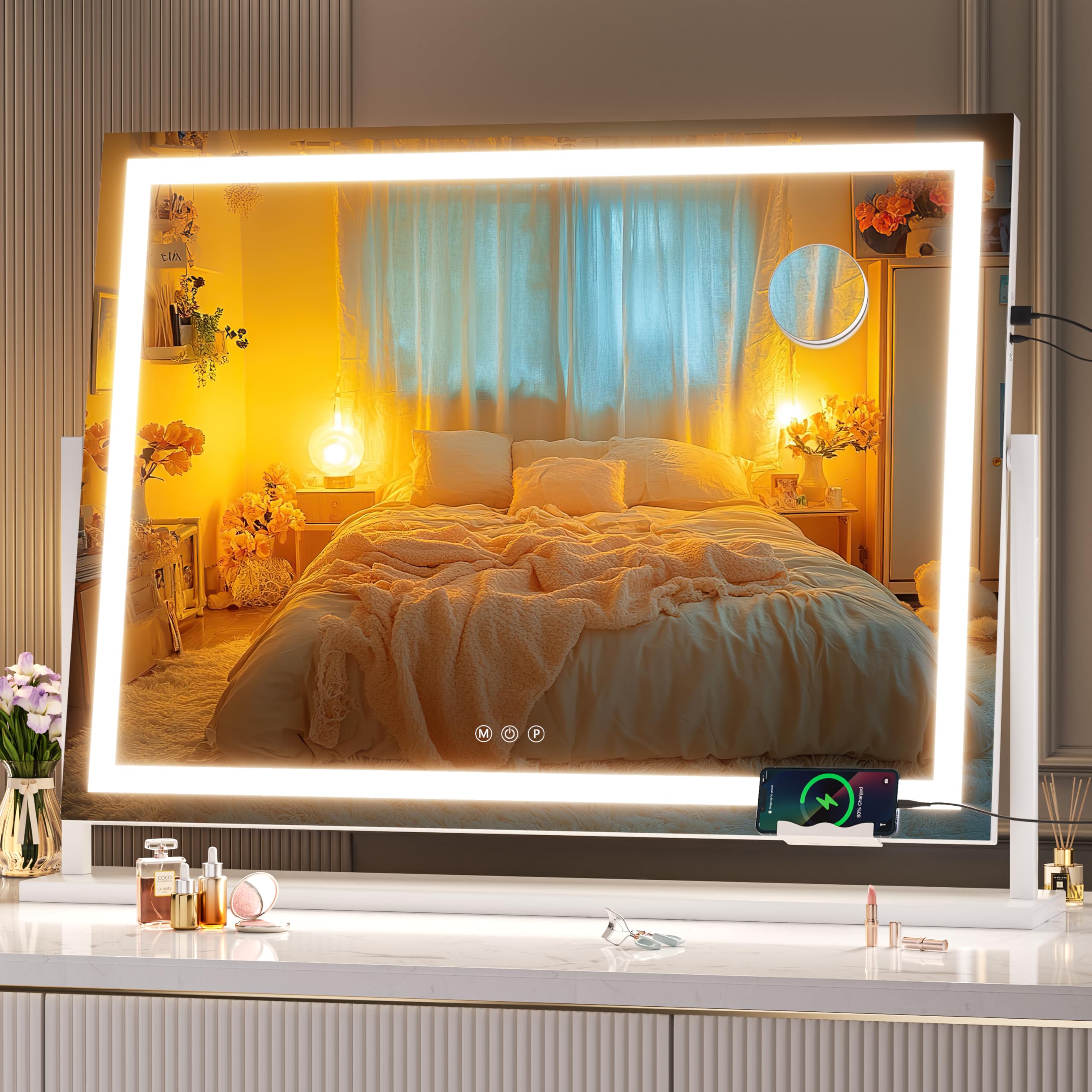 Hasipu Vanity Mirror with Lights, LED Make up Mirror, Light up Mirror with 10X Magnification and Brightness Adjustment, 3 Color Dimmable, Smart Touch & 360° Rotation (Square White 87 x 64cm) — image 1