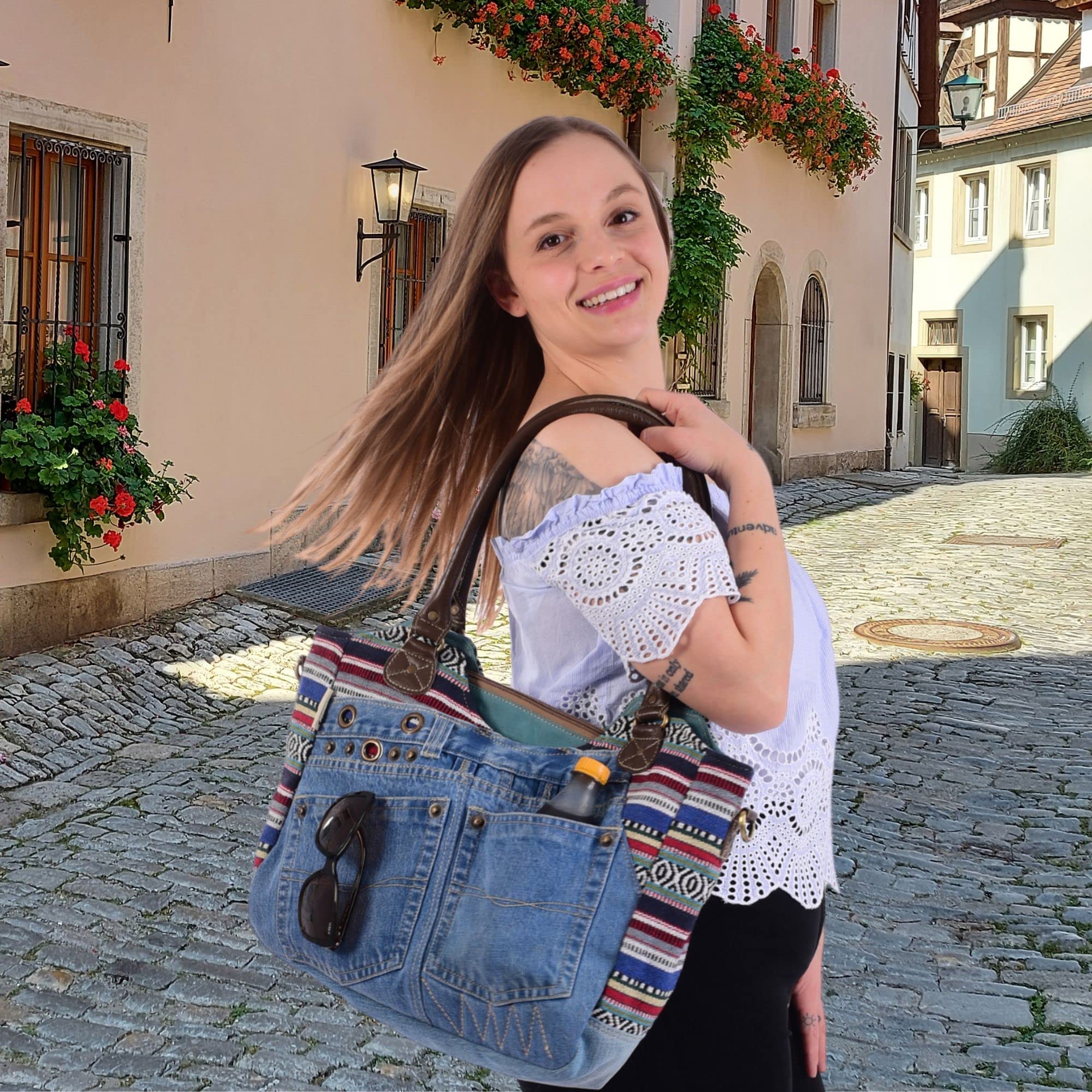 Sunsa Damen Nachhaltige Handtasche aus recycelte Jeans Canvas & Leder. Vintage Still große Schultertasche. Extra Crossover Henkel kann als Umhängetasche benutzen. A4 geeignet