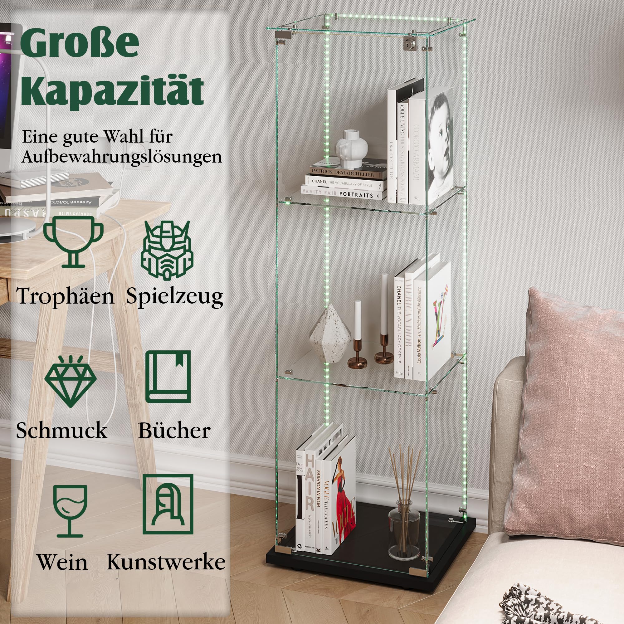 Duża gablota do kolekcji, szklana gablota z podświetleniem na kółkach i diodami LED 1 drzwi 4 półki, przezroczysta szklana szafka (1 drzwi 3piętro, czarny B)