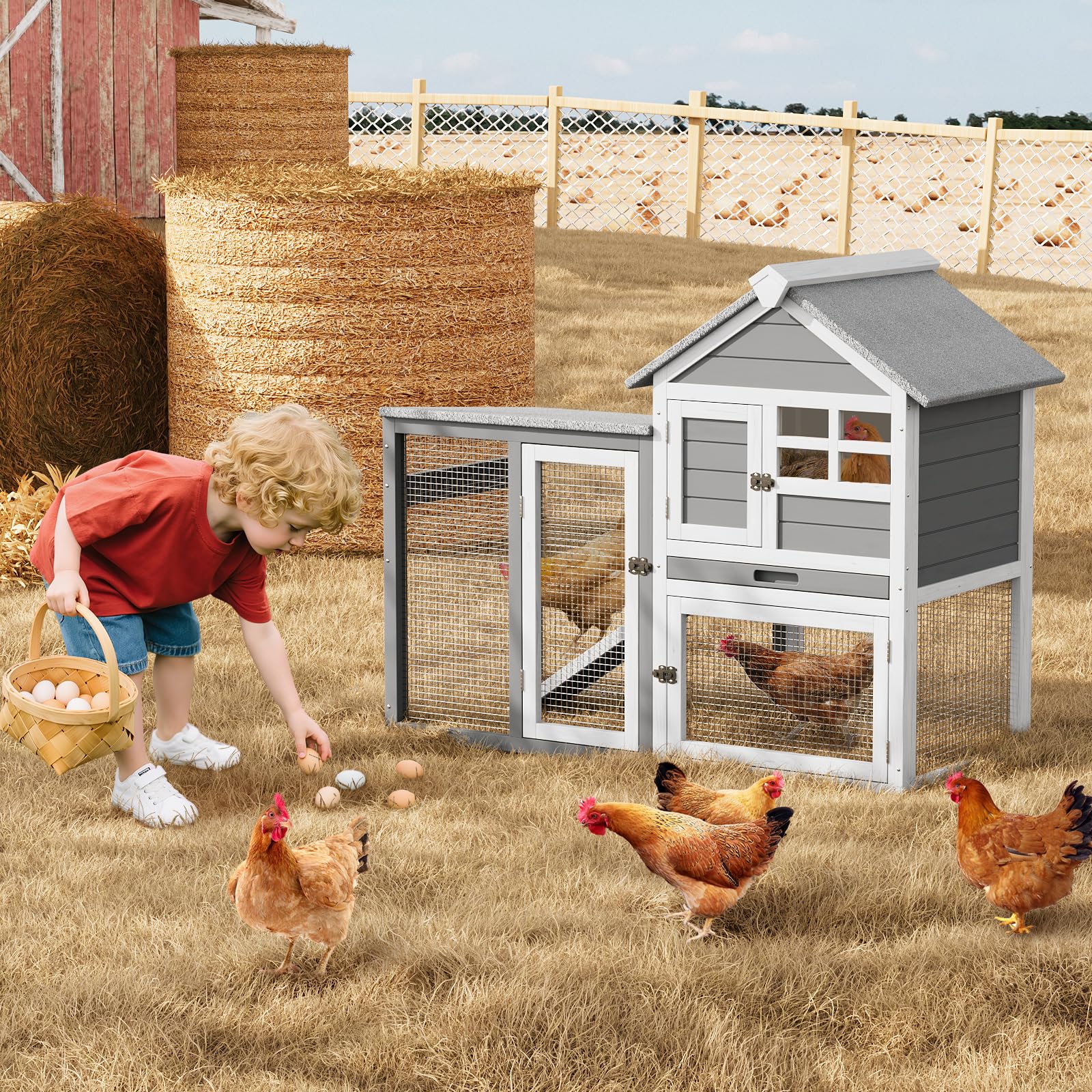 GarveeLife Jaula de Madera de 2 Niveles para Conejos, gallinas y cobayas – Uso Interior/Exterior – Techo Impermeable, Bandeja extraíble, rampa Antideslizante, 4 Puertas – Gallinero y casa para