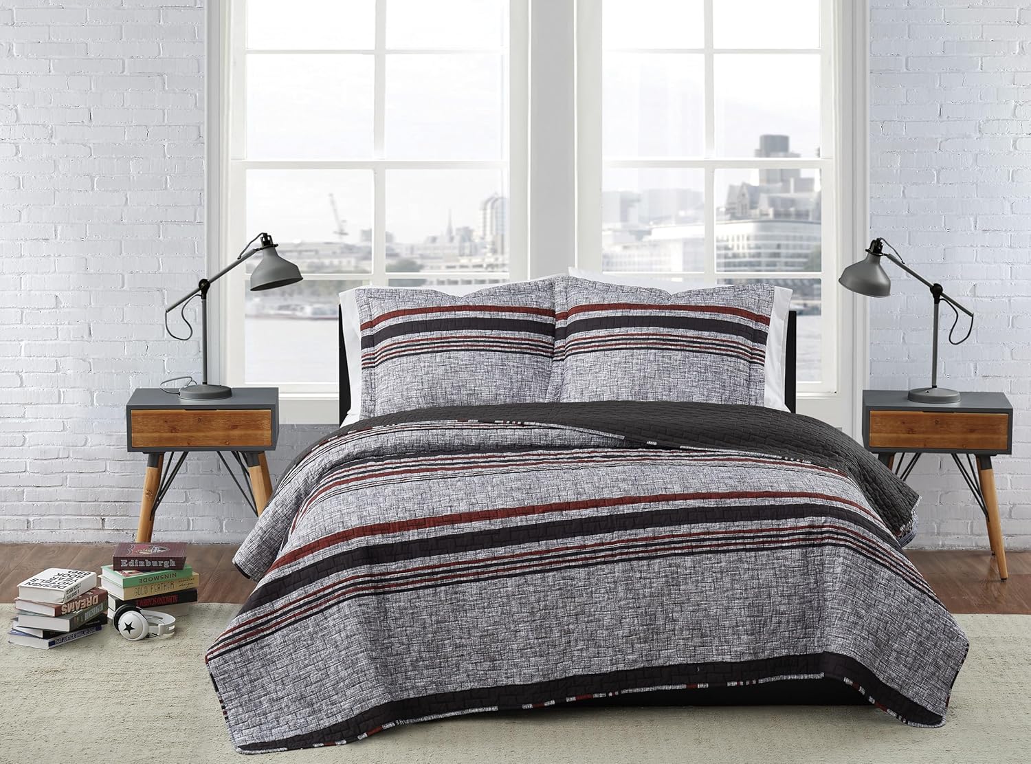 London Fog Warren Stripe Grey and Black Polyester 2-Piece Twin XL Quilt Set, Stripe, 100% Polyester, for Men and Women, Oeko-TEX Certified Confidence