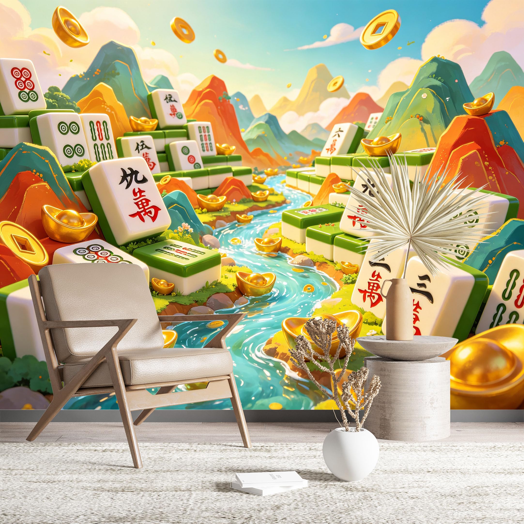 Custom Size Wall Murals Fantasy Mahjong Landscape with Gold Coins HD Self-Adhesive Wall Fabric (NO PVC) Removable Wallpaper for Living Room Bedroom