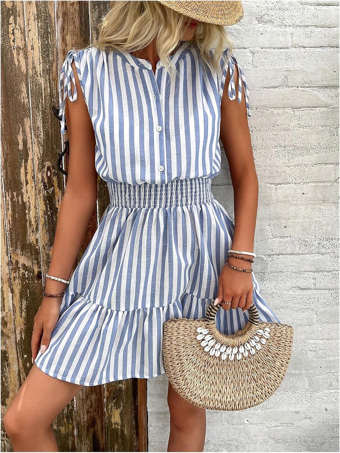 Floerns Women's Striped Sleeveless Tank Dress Button Front Ruffle Hem A Line Dresses - Image 5