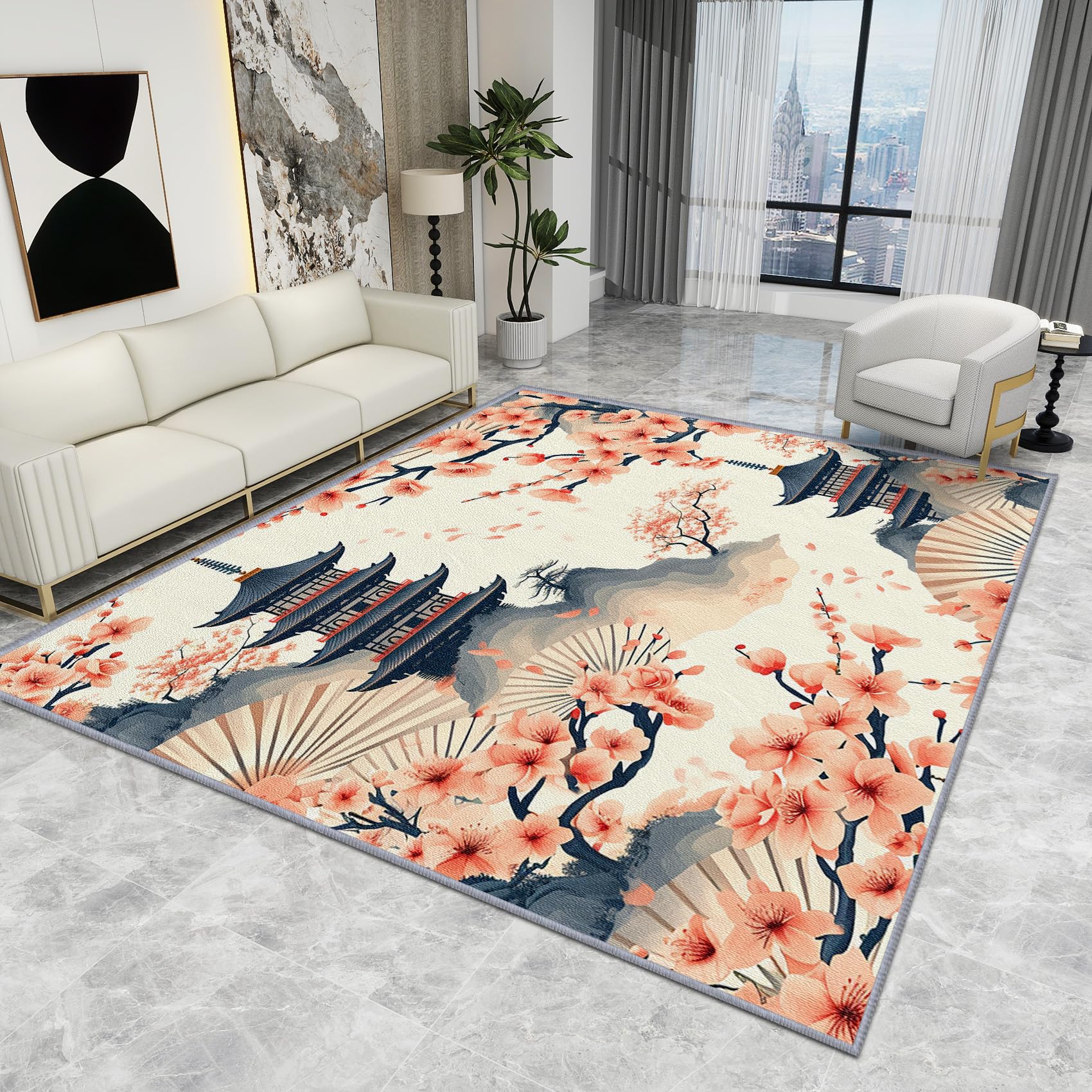 Large Japanese Rug - Japanese Rug - Cherry Blossom Floral Rugs, Traditional Oriental Asian Carpet, Washable Rug Non Slip Low Pile Soft Large Area Rugs, Japanese Home Decor Gifts, 100 X 100 cm