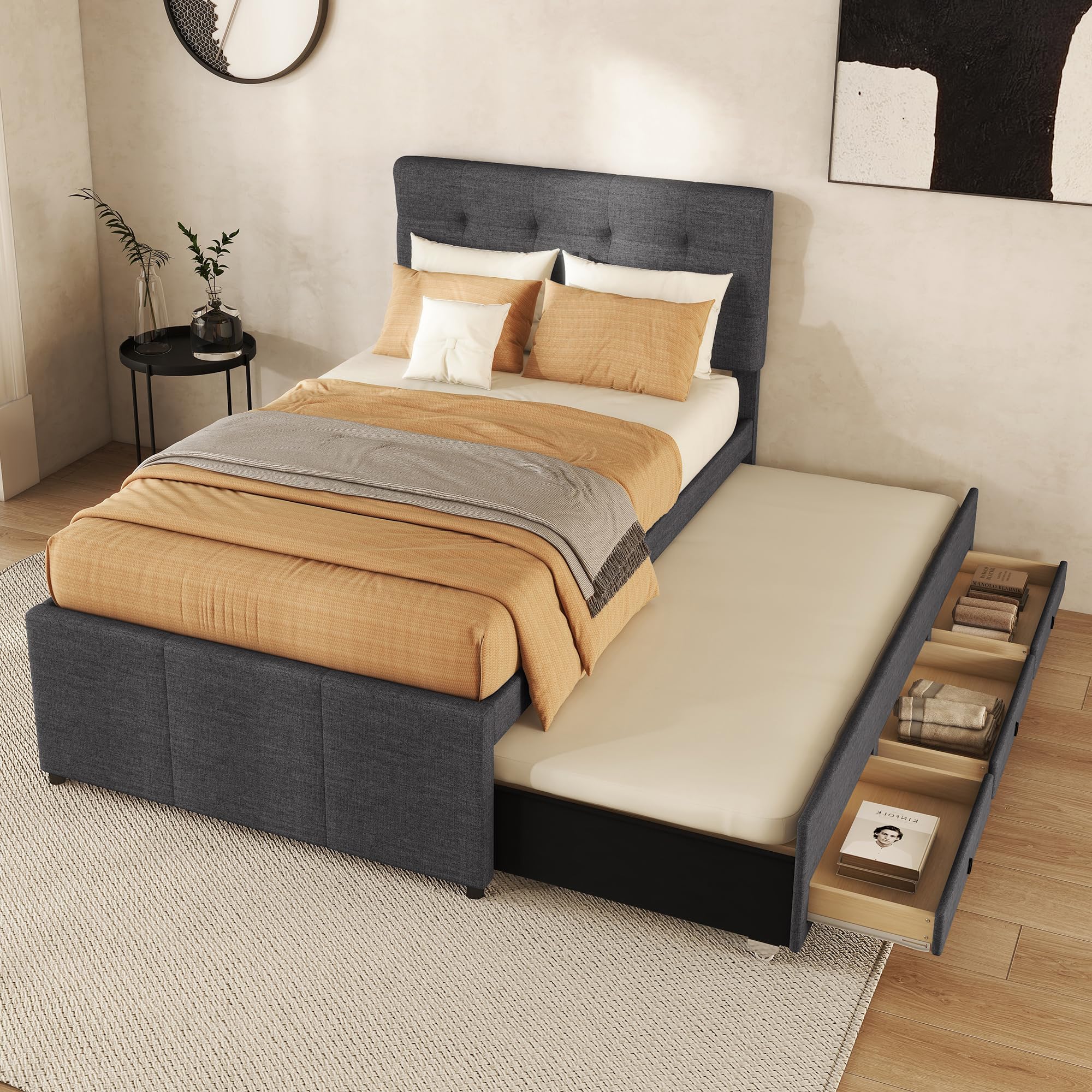 Kinderbett Polsterbett 90x200 Bettgestell Ausziehbett, Einzelbett mit Ausziehbarem  Bett & 3 Stauraum Schublade fr 2 Kinder, Schlafsofa mit  Lattenrost,Verstellbares Kopfteil,Leinen,Grau,Ohne Matratze : Amazon.de:  Kche, Haushalt & Wohnen