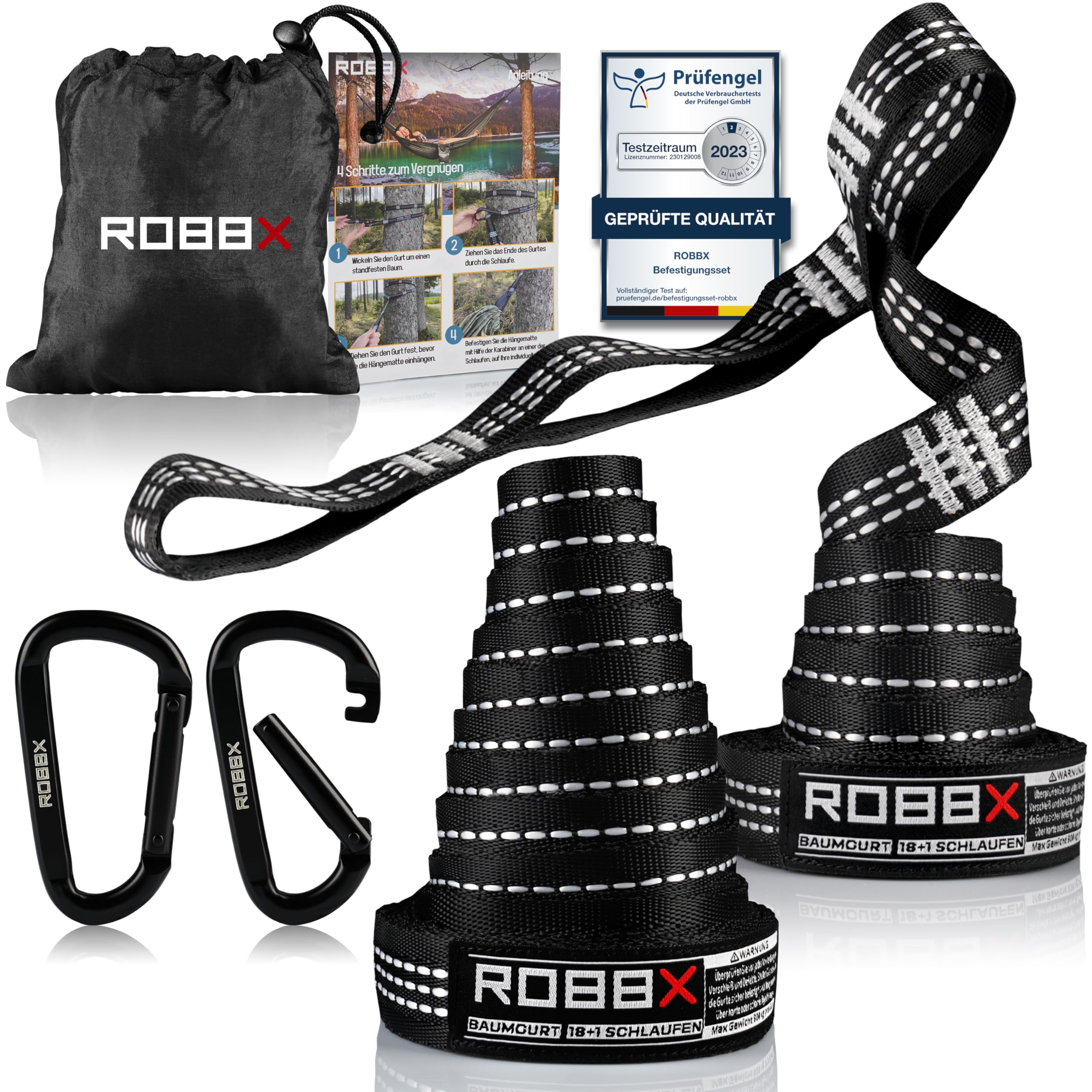 ROBBX® Hängematte Befestigungsset 300x2,5cm inkl. Schwerlast Karabiner | Hängematten Aufhängung mit 18 Schlaufen bis 1200kg | Schaukel Baum Befestigung