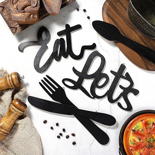 Miniatura 7 de Jetec 5 carteles de decoración de pared de cocina, tenedor, cuchara, cuchillo, decoración de cocina, letrero rústico de madera para decoración de
