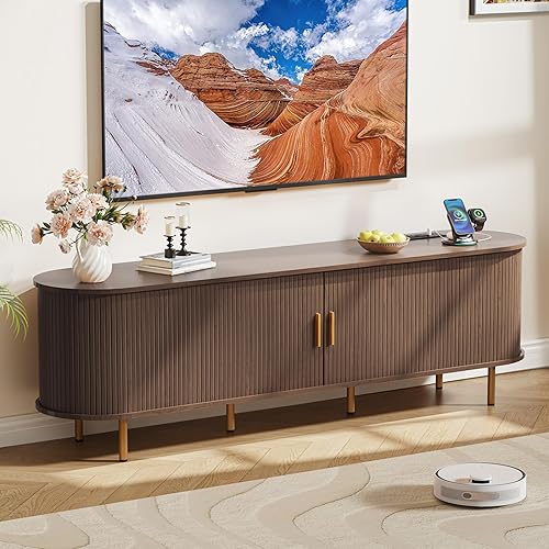 Miniatura 23 de DHH Soporte de TV moderno de mediados de siglo de 55 pulgadas con toma de corriente para televisores de hasta 60 pulgadas, centro de entretenimiento