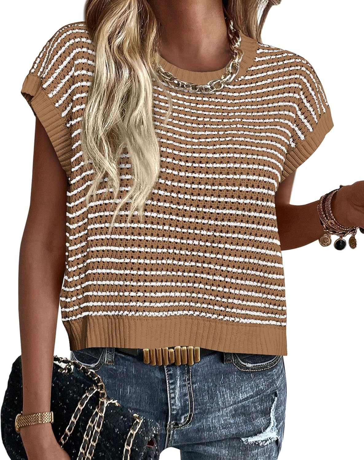 PRETTYGARDEN Womens Short Sleeve Sweater Spring Summer 2026 Round Neck Striped Pullover Cap Sleeve Knit Sweater Vest Tops