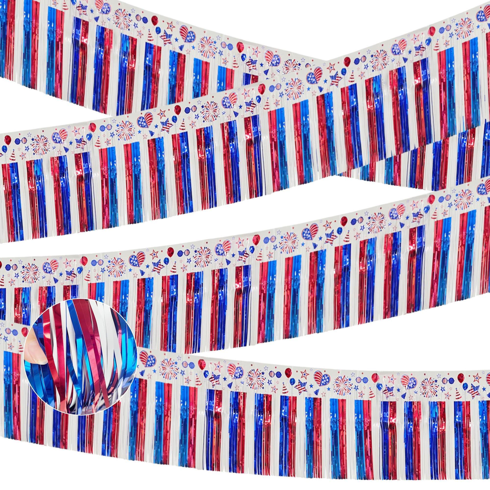 4 Pack 39Ft 4th of July Parade Floats for Trailer Car, Flag Stripes and Stars Patriotic Foil Fringe Garland Tinsel Streamers Banner Table Skirts for 4th of July Graduation Homecoming Party (Flag)