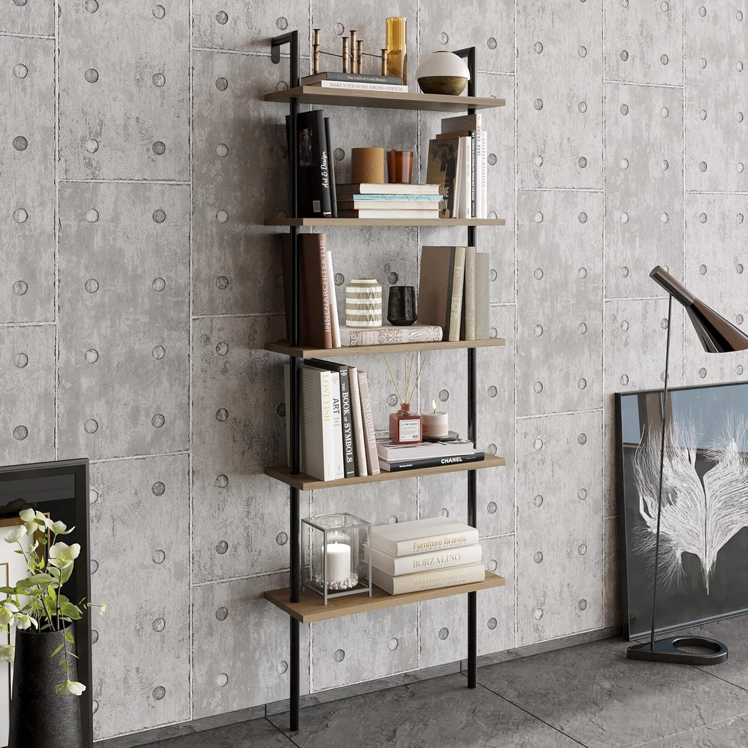 Decorotika Paula 5-Shelf Modern Bookcase, Open Wall Mount Ladder Floating Bookshelf with Industrial Metal Frame (Black&Oak)