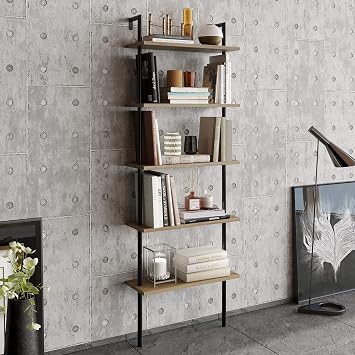 Decorotika Paula 5-Shelf Modern Bookcase, Open Wall Mount Ladder Floating Bookshelf with Industrial Metal Frame Black&Oak
