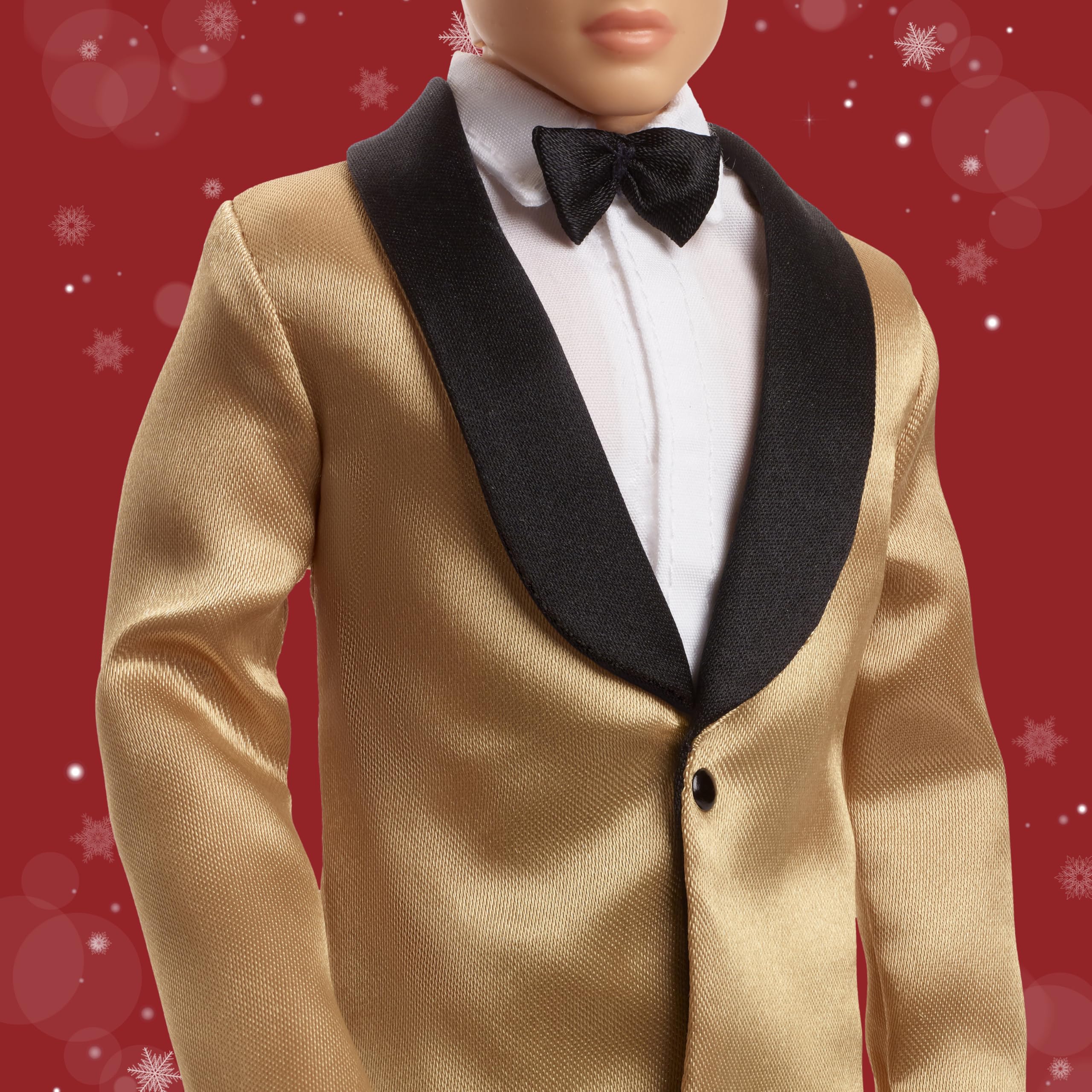 Barbie Signature 2025 Holiday Black Hair Ken Bambola da collezione alla moda che indossa abito completo con giacca dorata in confezione visualizzabile e supporto per bambole
