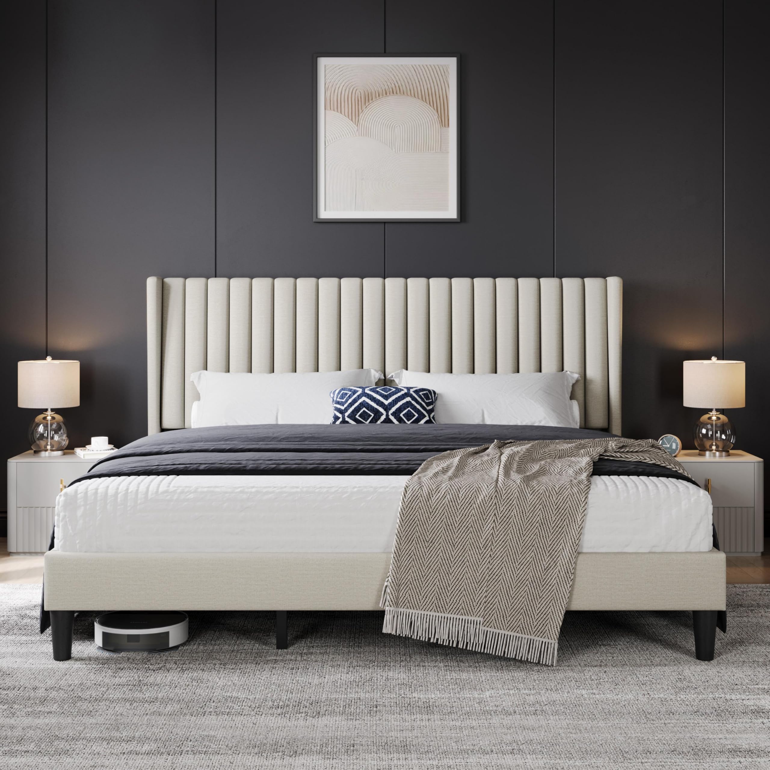 Yaheetech King Bed Frame Upholstered Platform Bed with Fabric Headboard Wing Edge Design Non-Slip and Noise-Free Wooden Slats