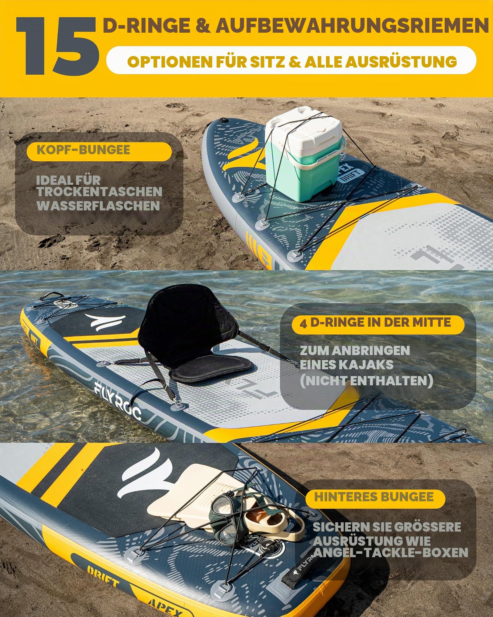 Aufblasbares Paddelbrett, extra breit, 300 kg Kapazität, Stand-Up-Paddle-Board für Erwachsene (3 Stück), stabiles aufblasbares SUP, alle Fähigkeitsstufen, 3 Griffe, 100 l Rucksack, 3 Paddel, 5