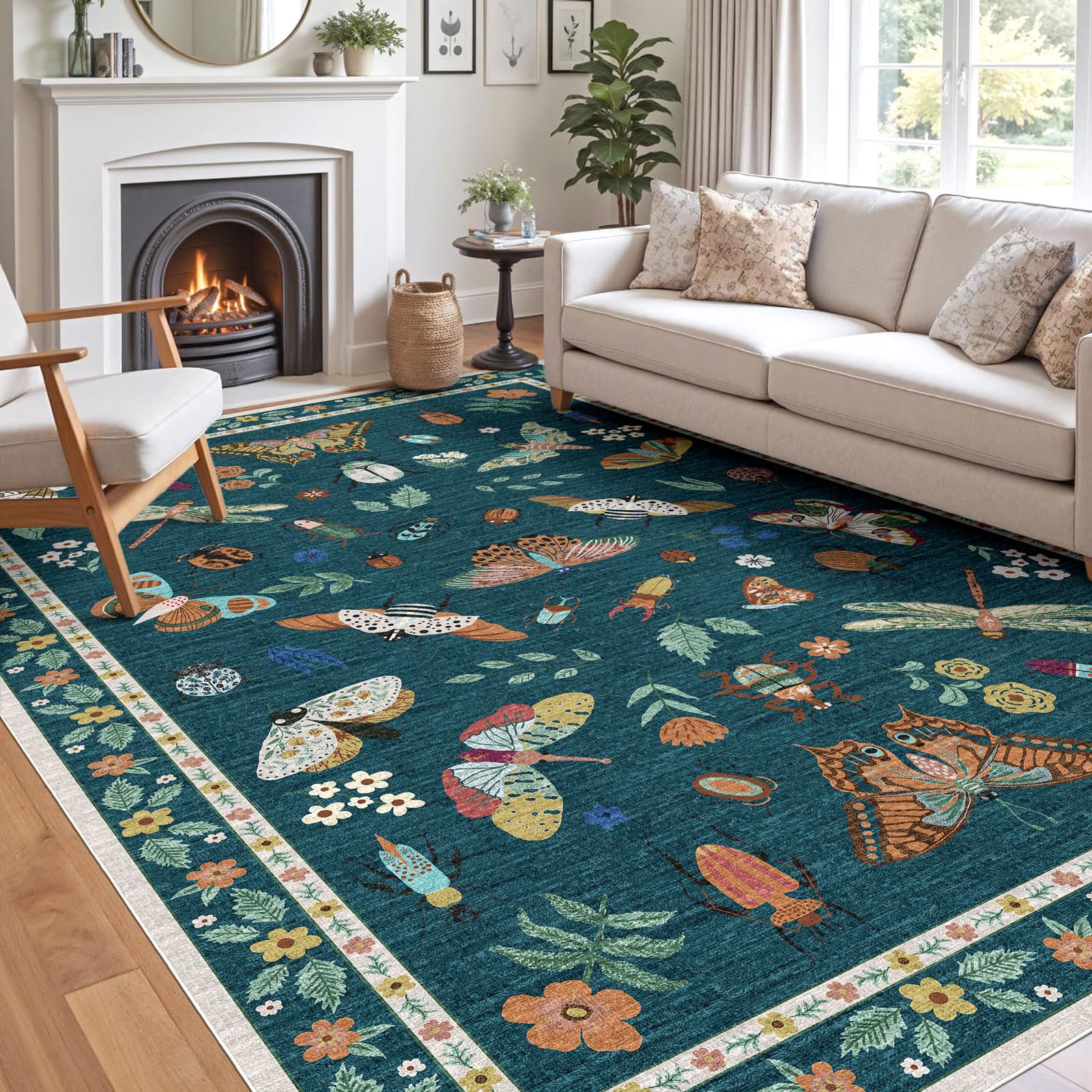 Othilic Modern Insect Print Area Rug - 6x9 Washable Living Room Rug Green Boho Stain Resistant Dining Room Rugs for Under Table Non Slip Soft Floor Carpet for Living Room Bedroom Nursery Classroom