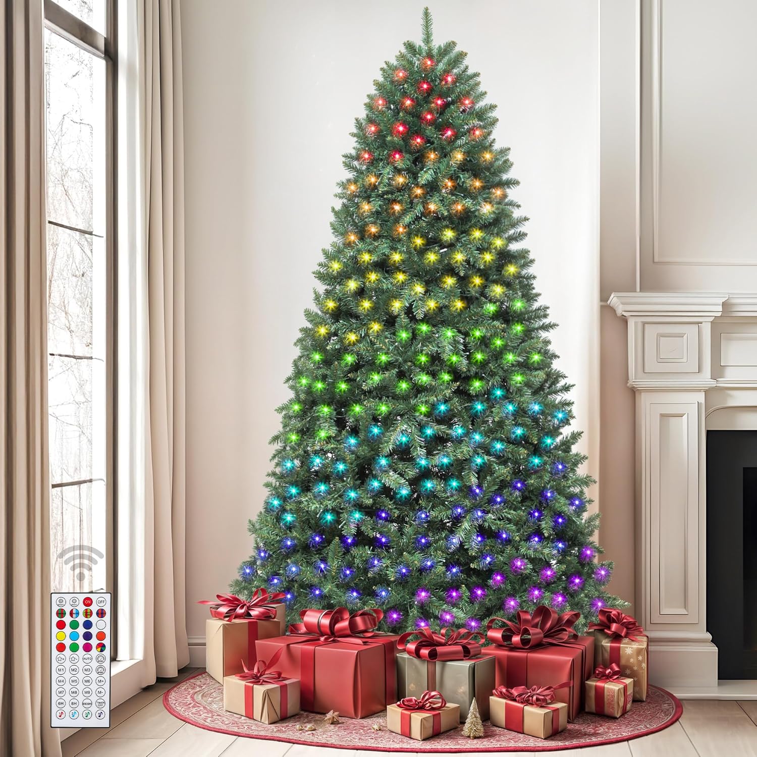 DWVO 6ft Prelit Christmas Tree with 300 RGB Lights, Artificial Twinkling Xmas Christmas Tree Smart Controlled, 1399 Thickened Branch Tips, Metal Stand, UL Listed for Home Party Office Decoration