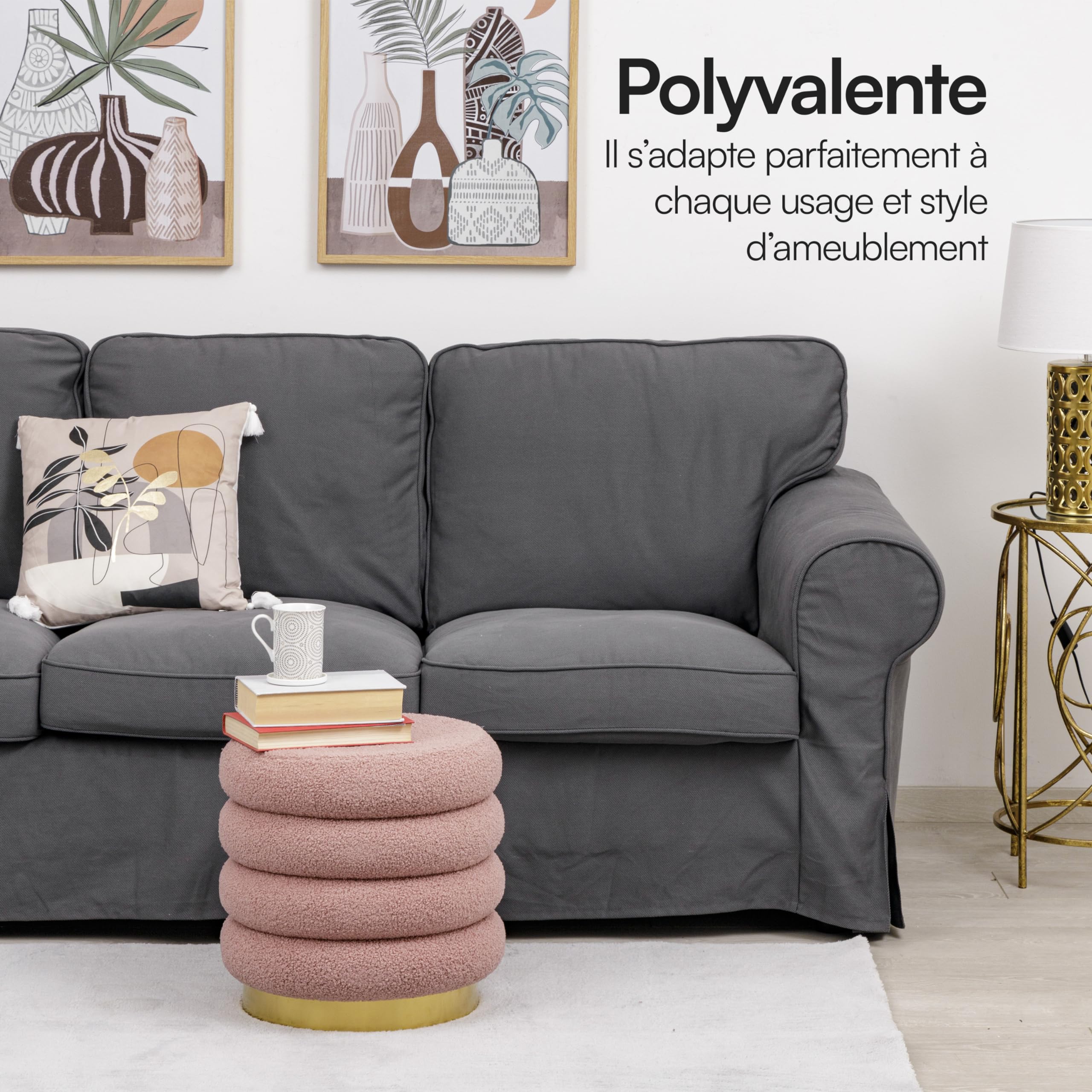 Baroni Home Pouf Repose-Pieds en Sherpa en Forme de Macaron, Tabouret Rembourrée et Résistant pour Chambre et Salon, Pouf Confortable de Design, 38x38x41 cm, Rose