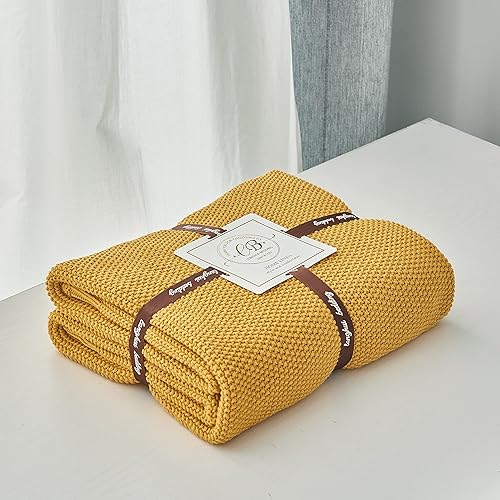 Miniatura 2 de Longhui bedding Manta de punto trenzado de algodón amarillo mostaza para sofá, cama, manta de punto ligera decorativa para el hogar con bolsa de